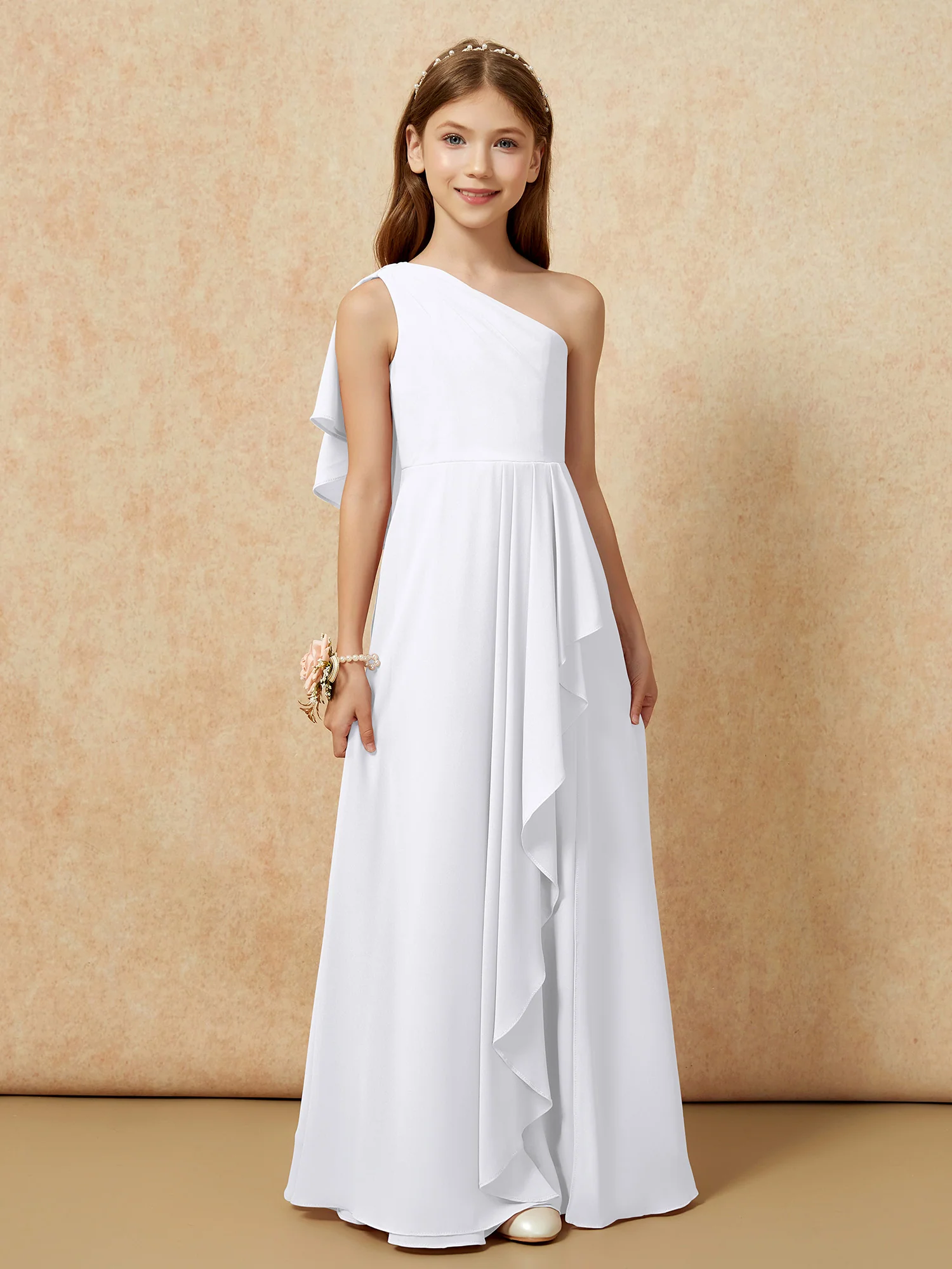 One Sholder A-line Long Chiffon Junior Bridesmaid Dress White - Image 4