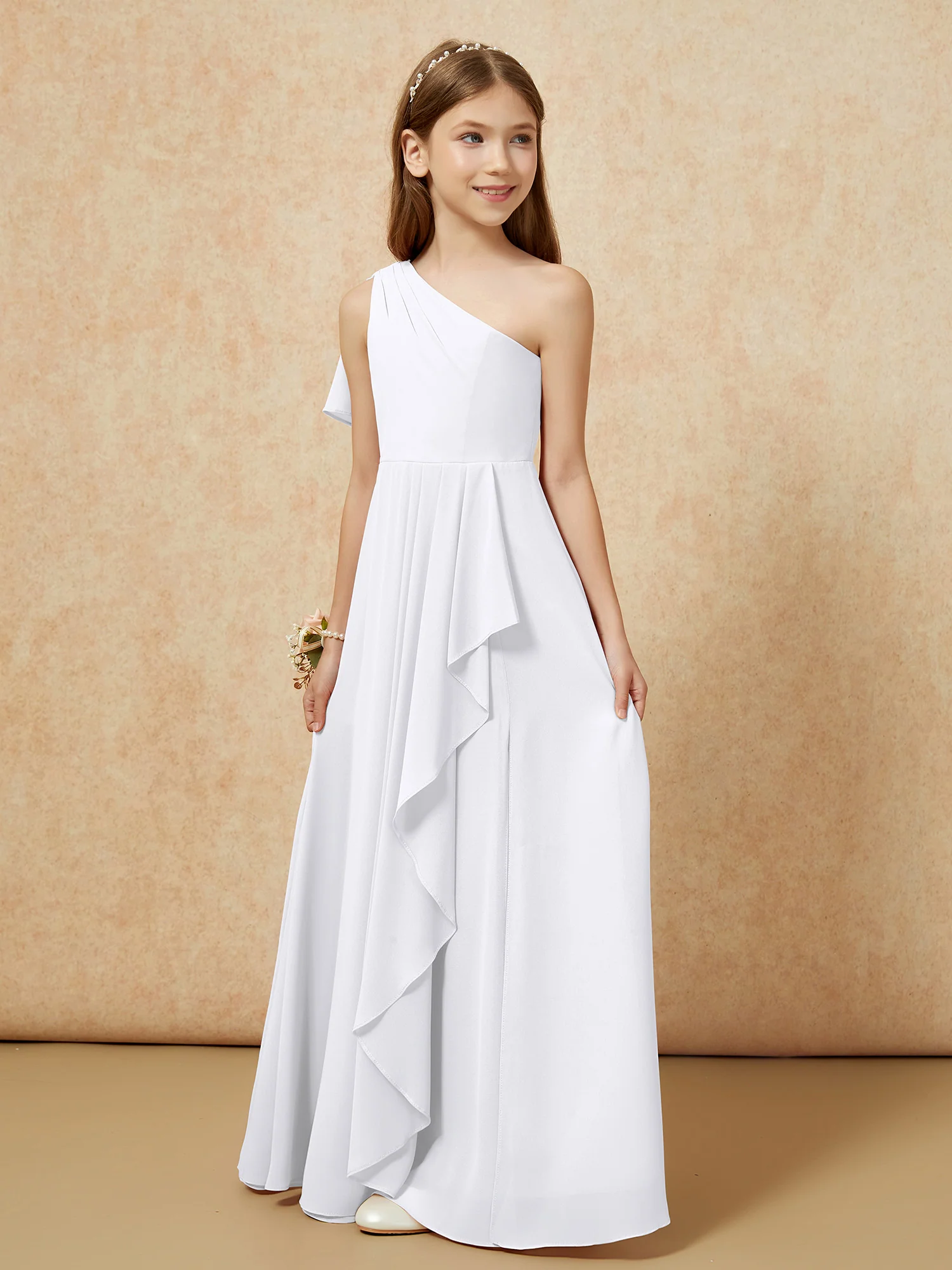 One Sholder A-line Long Chiffon Junior Bridesmaid Dress White - Image 5