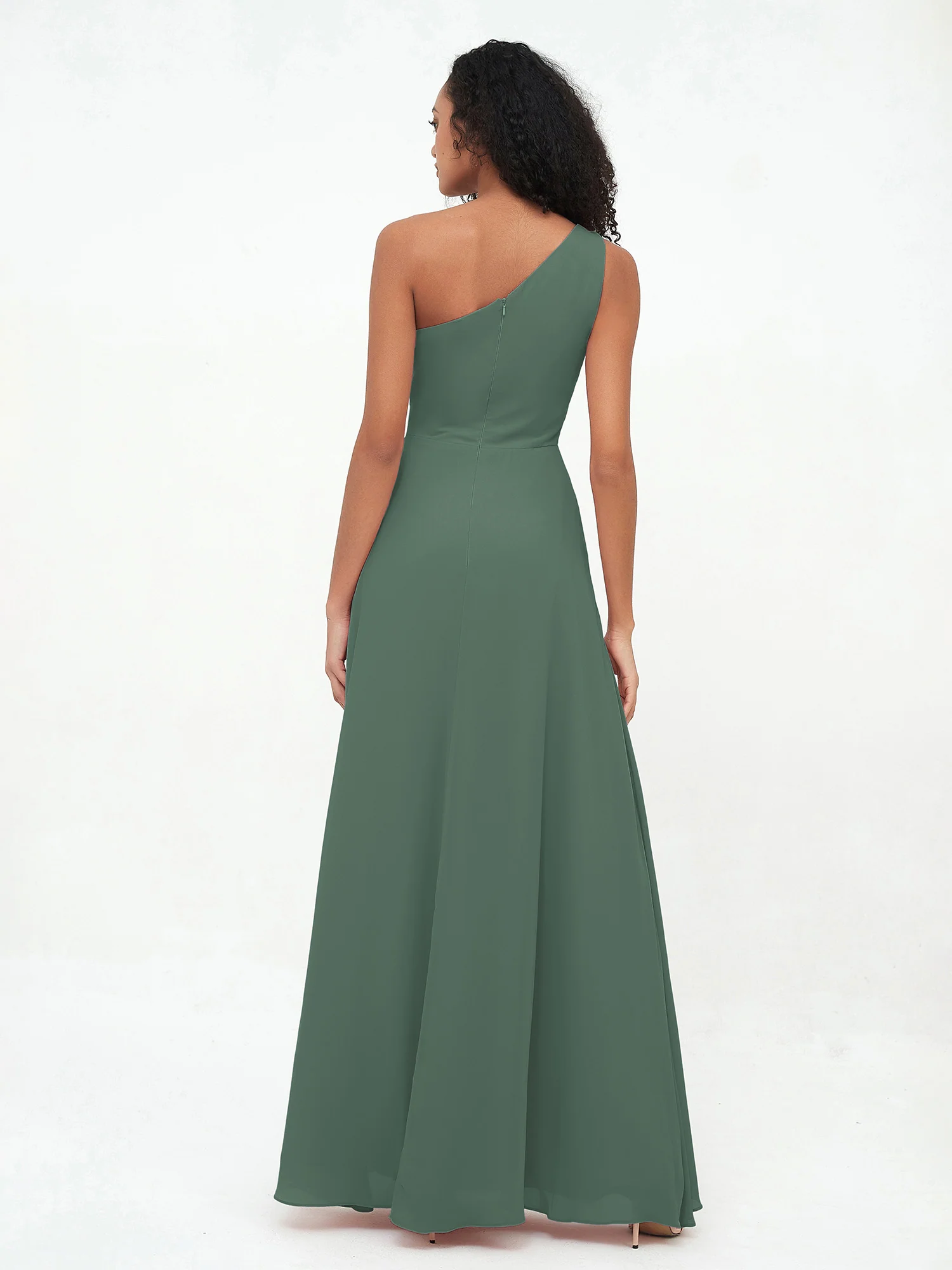 One-Shoulder Chiffon Max Dresses with Slit-Eucalyptus - Image 2