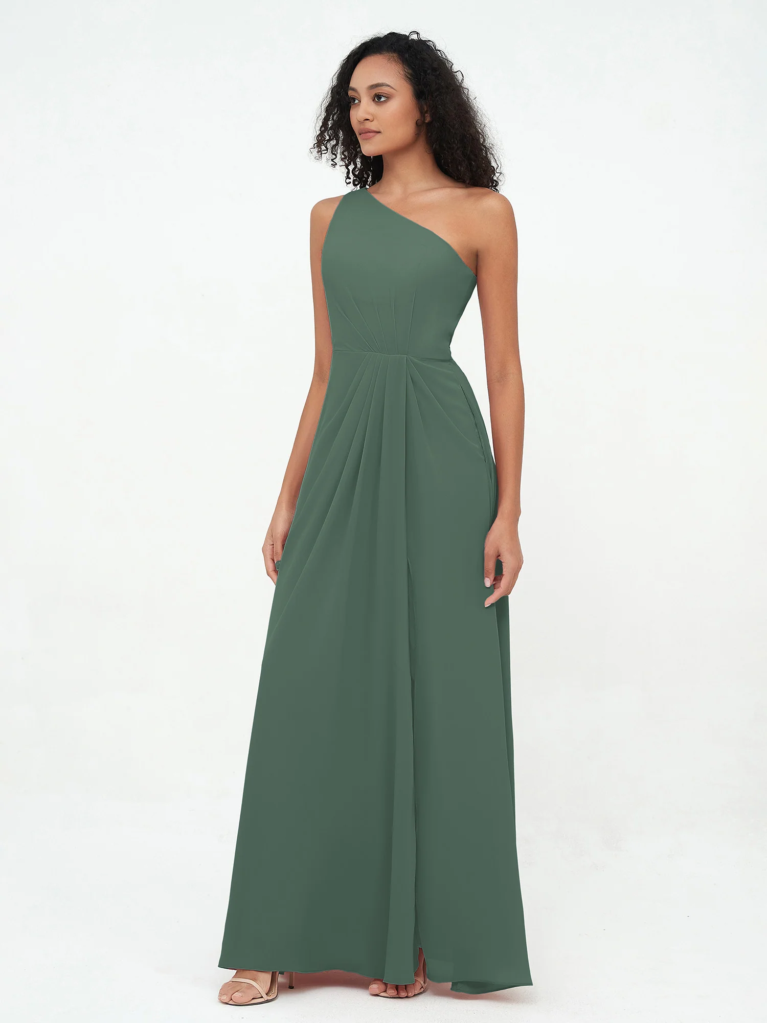 One-Shoulder Chiffon Max Dresses with Slit-Eucalyptus - Image 3