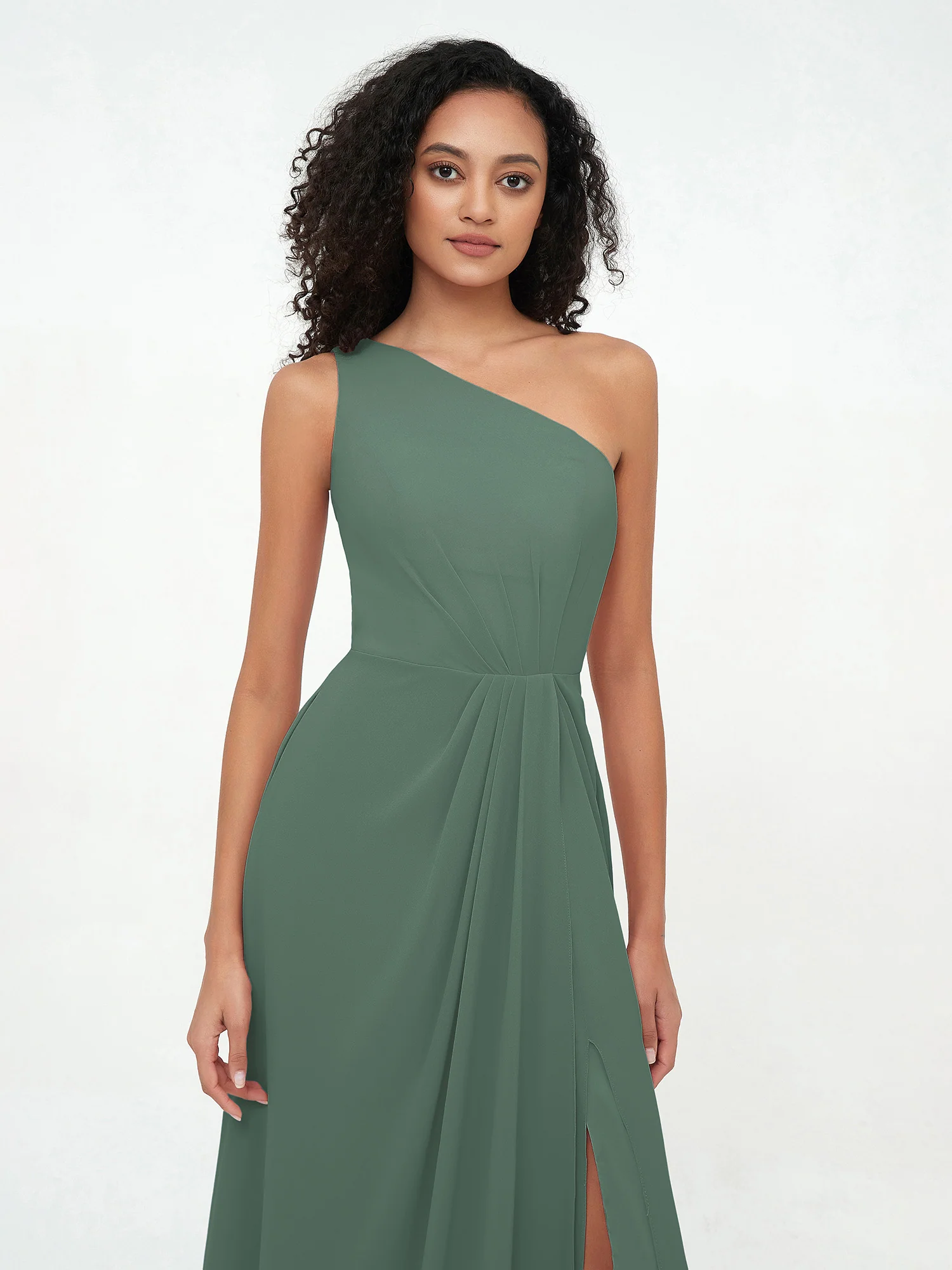 One-Shoulder Chiffon Max Dresses with Slit-Eucalyptus - Image 4