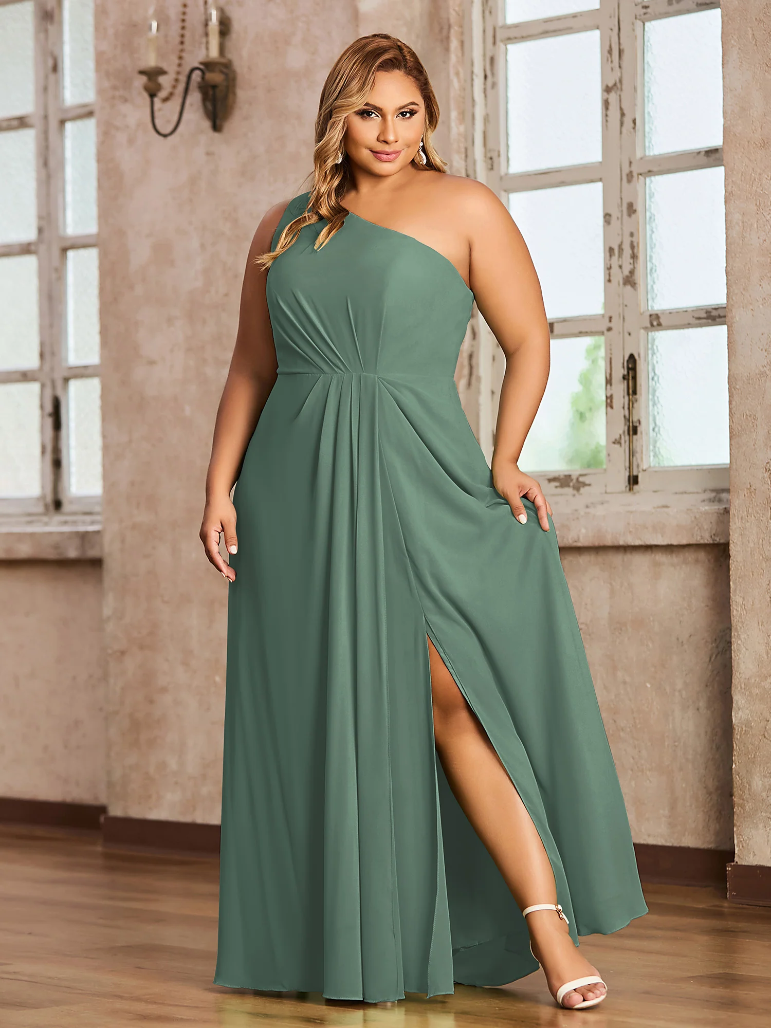 One-Shoulder Chiffon Max Dresses with Slit-Eucalyptus - Image 5