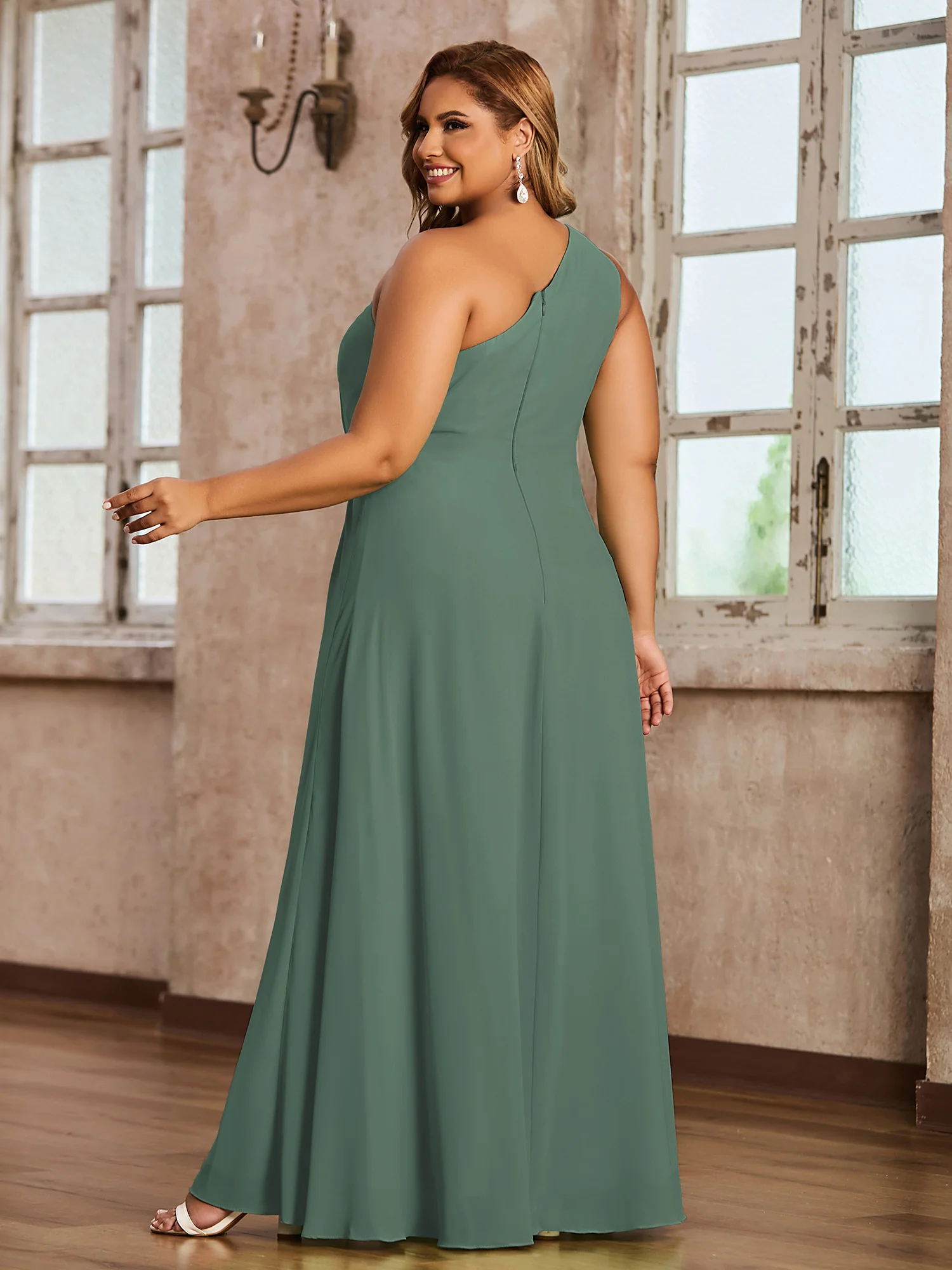 One-Shoulder Chiffon Max Dresses with Slit-Eucalyptus - Image 6