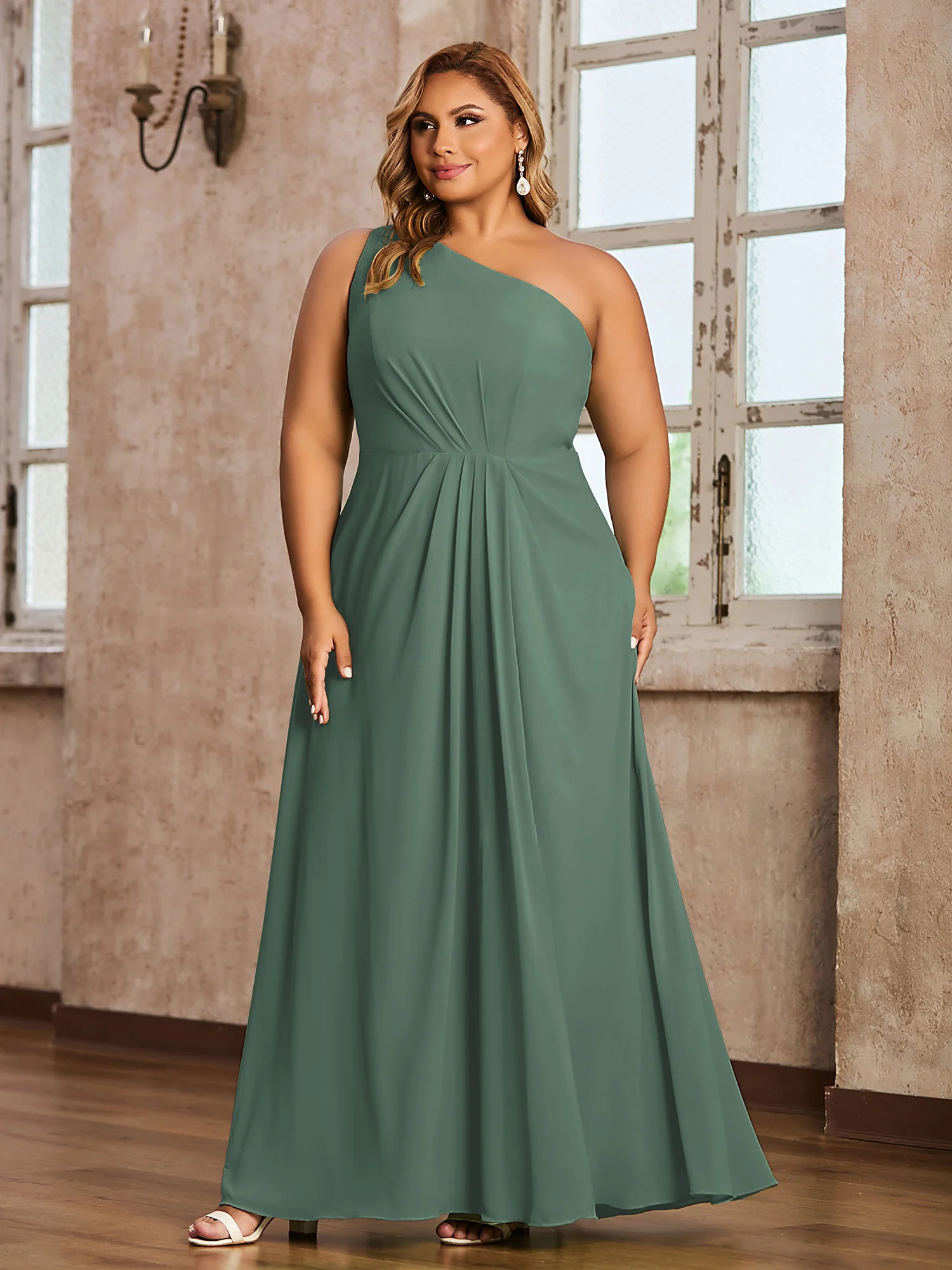 One-Shoulder Chiffon Max Dresses with Slit-Eucalyptus - Image 7