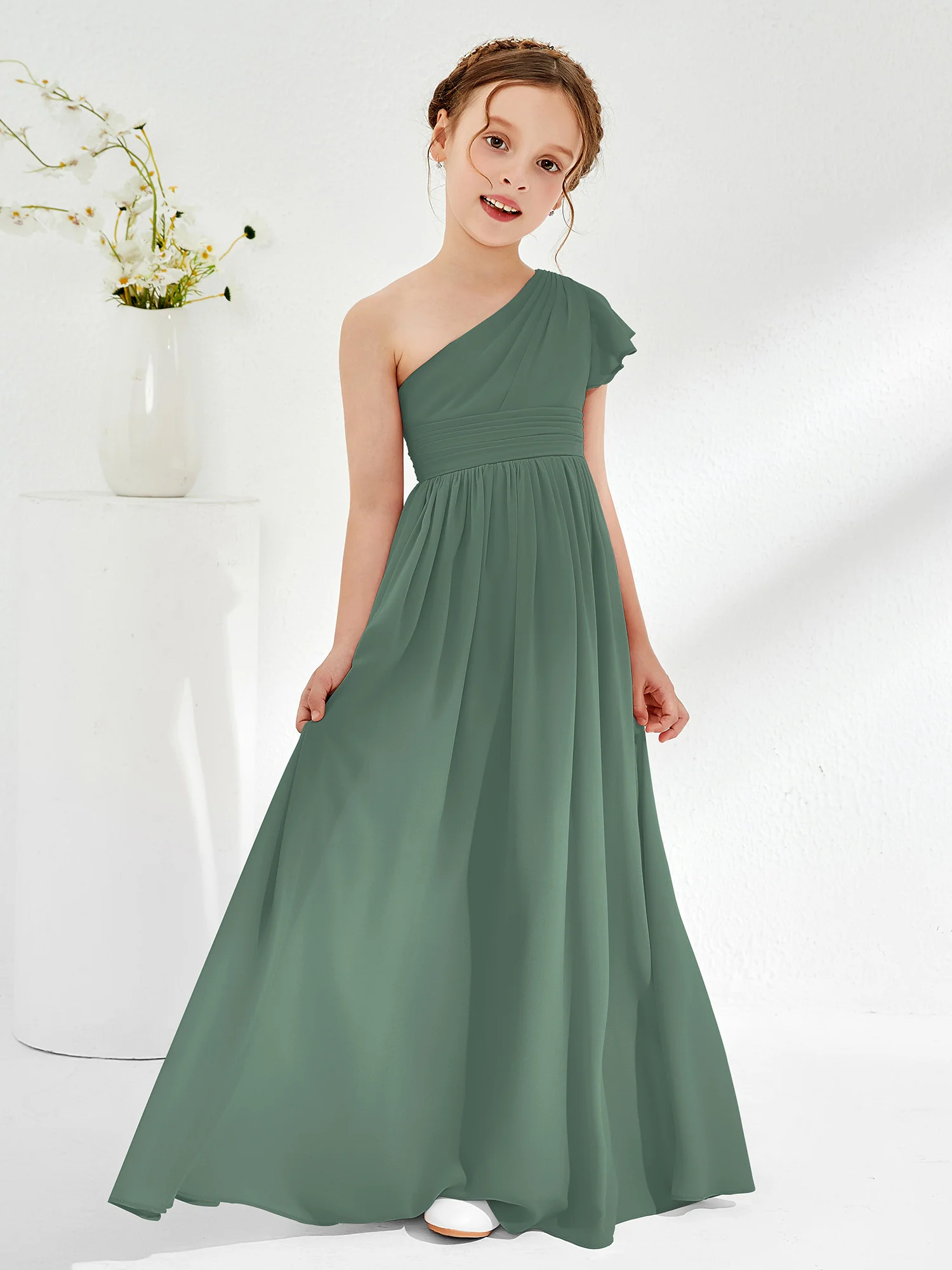 One Shoulder Flutter Sleeve Junior Bridesmaid Dresses Eucalyptus