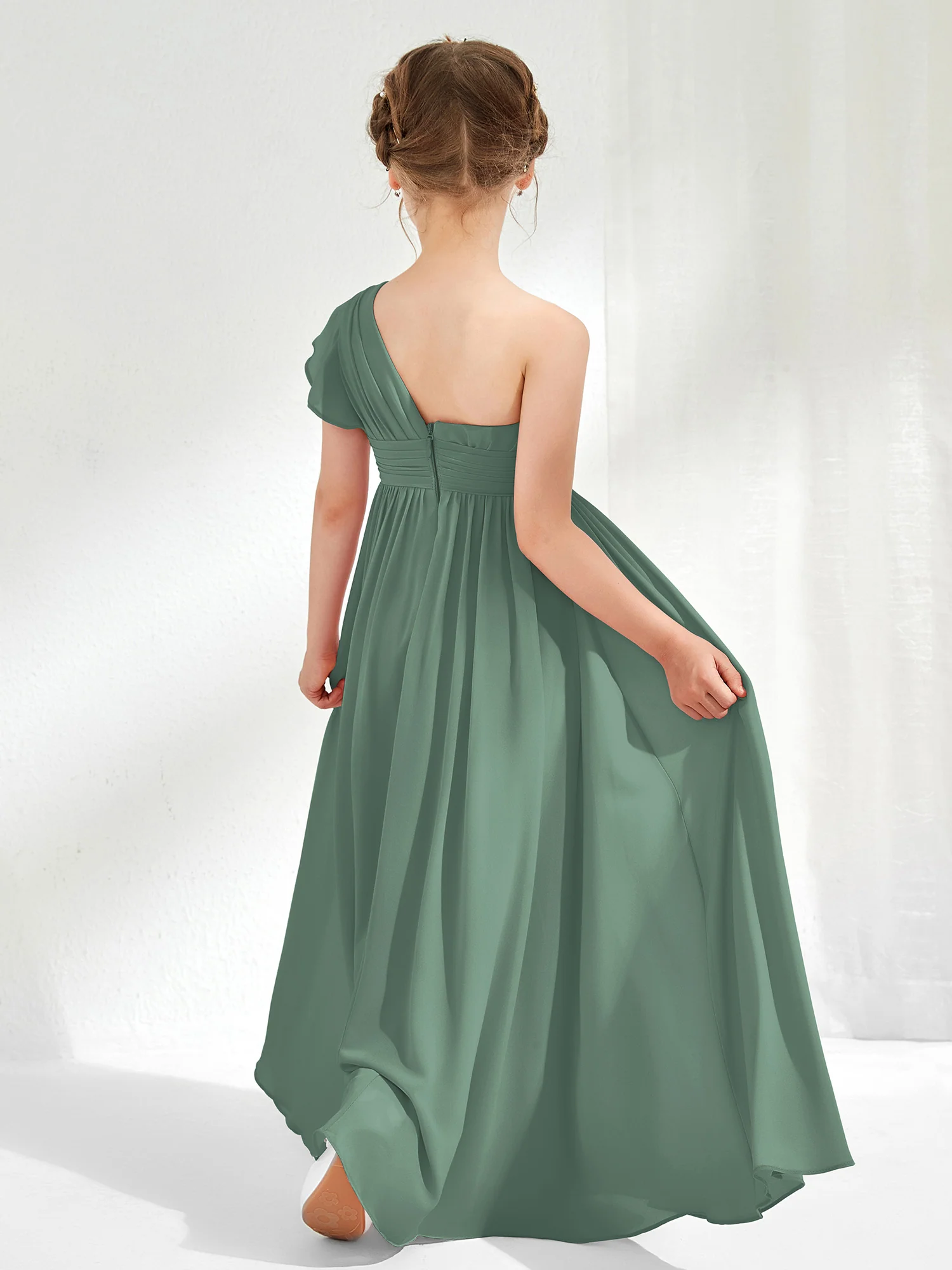 One Shoulder Flutter Sleeve Junior Bridesmaid Dresses Eucalyptus - Image 2