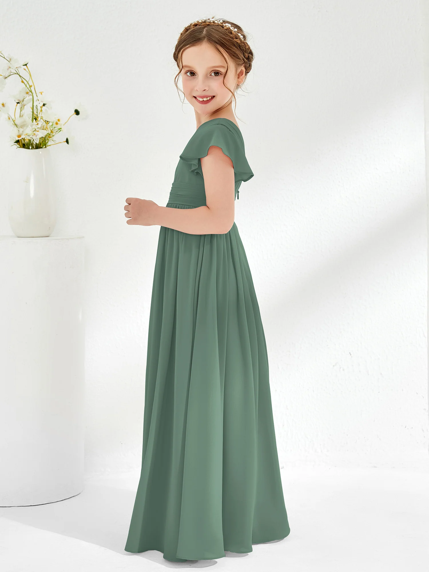 One Shoulder Flutter Sleeve Junior Bridesmaid Dresses Eucalyptus - Image 3