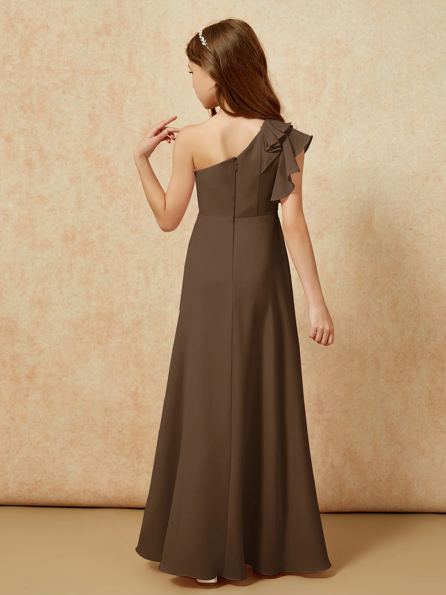 One Shoulder Flutter Sleeves Junior Bridesmaid Dresses Brown - Image 2