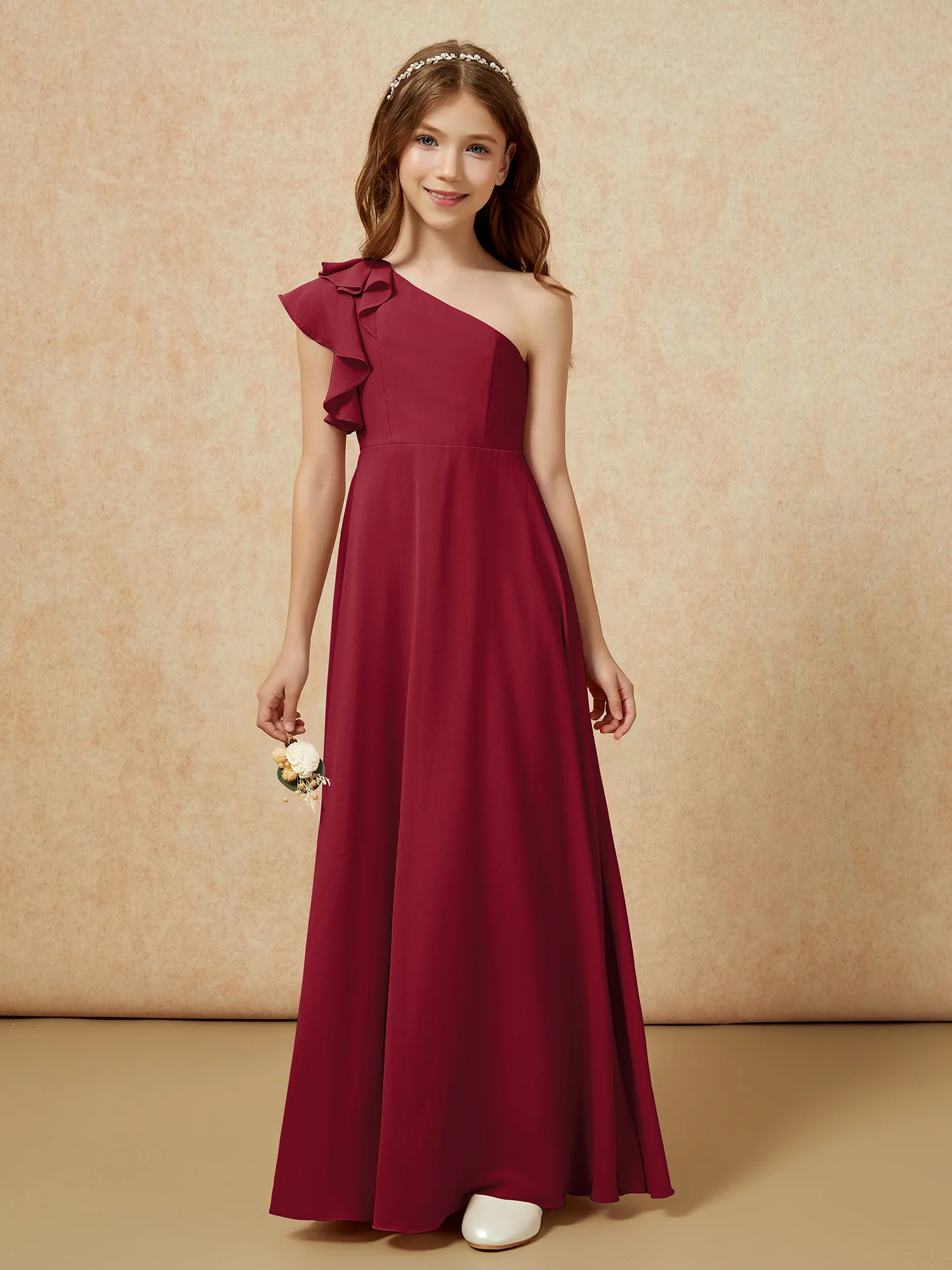 One Shoulder Flutter Sleeves Junior Bridesmaid Dresses Burgundy