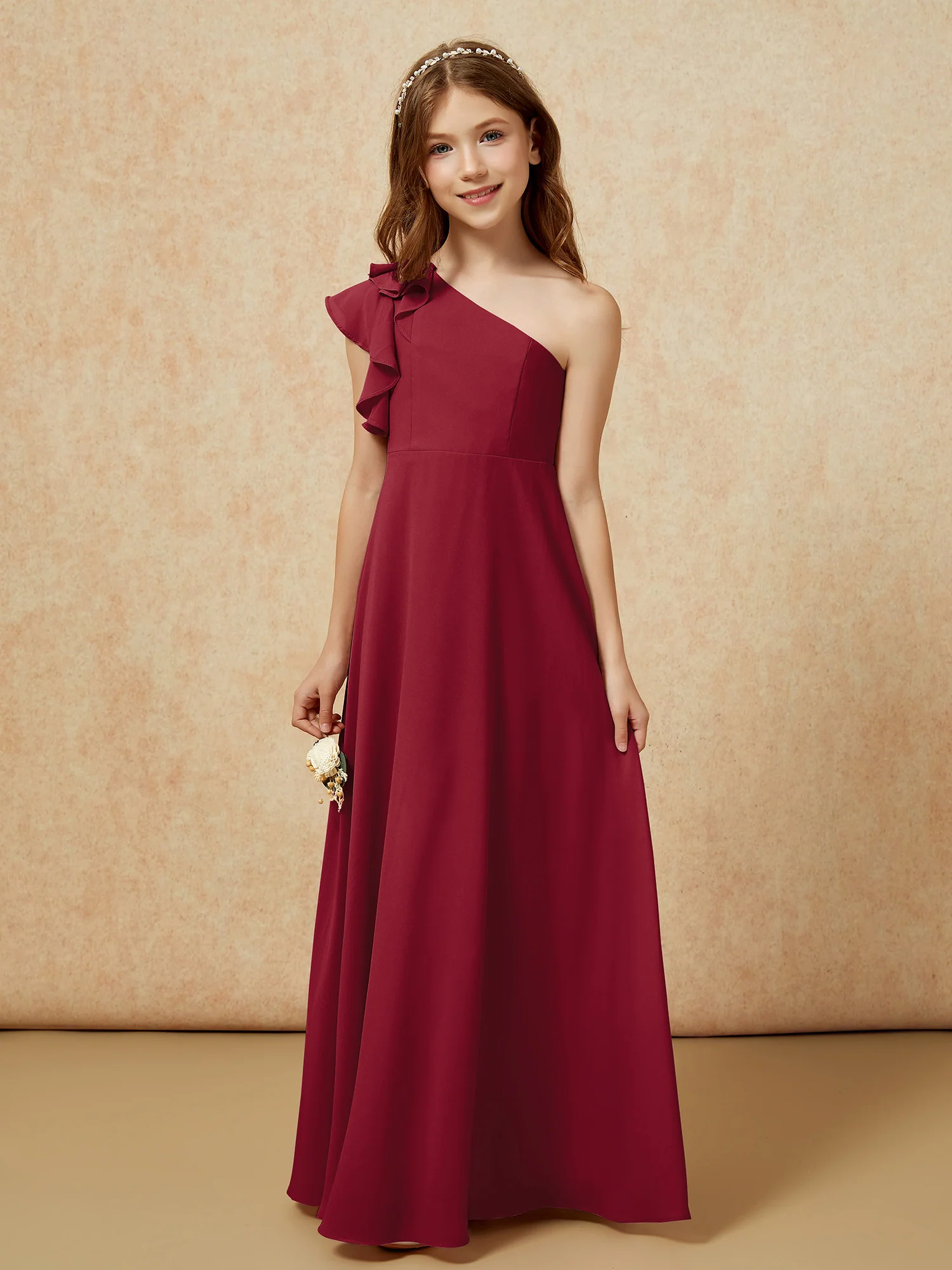 One Shoulder Flutter Sleeves Junior Bridesmaid Dresses Burgundy - Image 4
