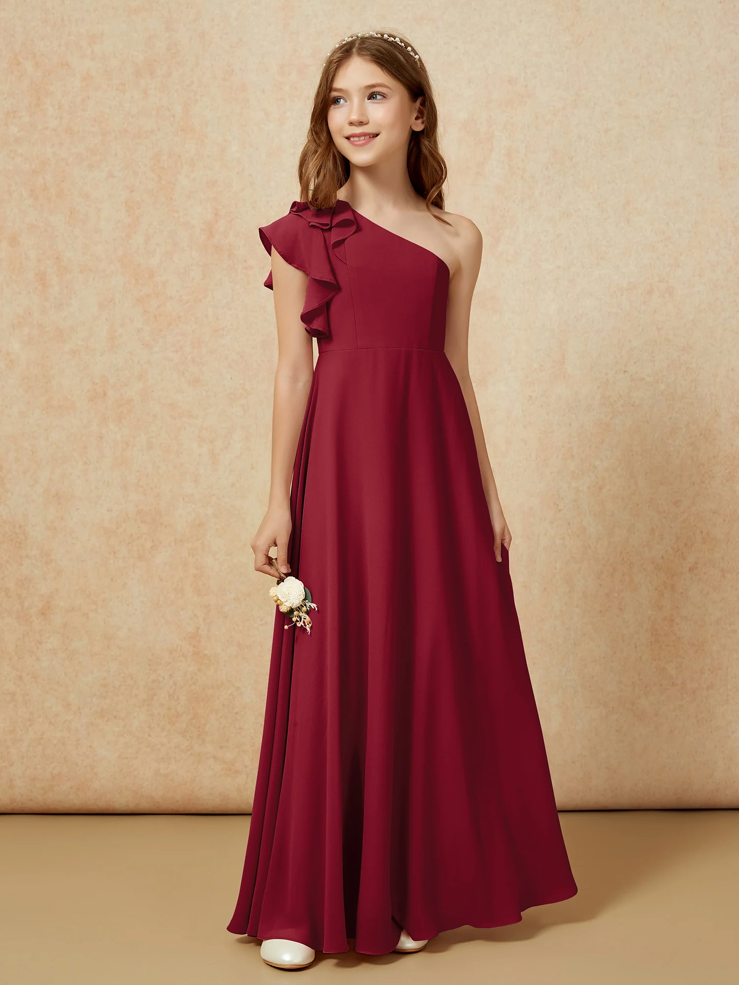 One Shoulder Flutter Sleeves Junior Bridesmaid Dresses Burgundy - Image 5