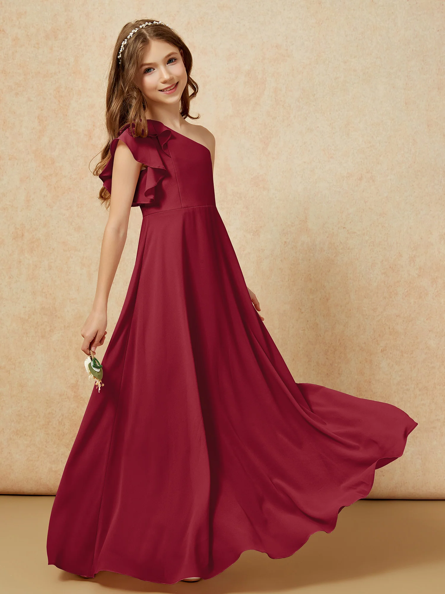 One Shoulder Flutter Sleeves Junior Bridesmaid Dresses Burgundy - Image 6