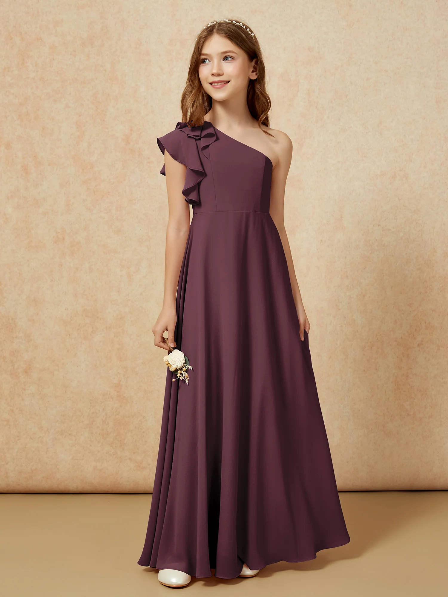 One Shoulder Flutter Sleeves Junior Bridesmaid Dresses Cabernet - Image 5