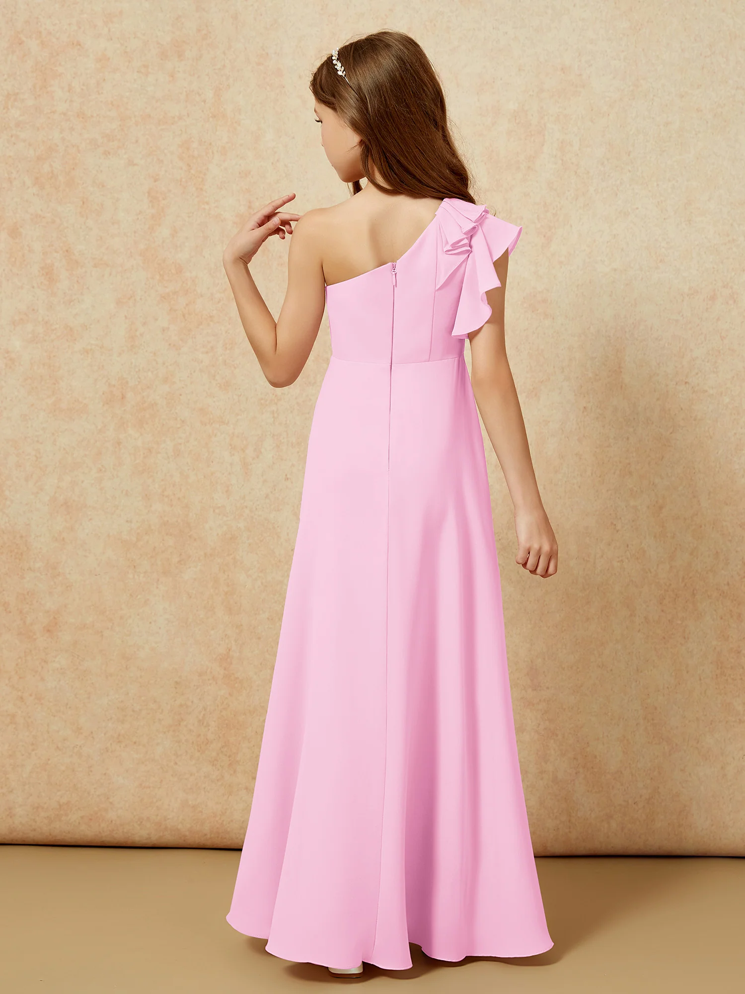 One Shoulder Flutter Sleeves Junior Bridesmaid Dresses Candy Pink - Image 2