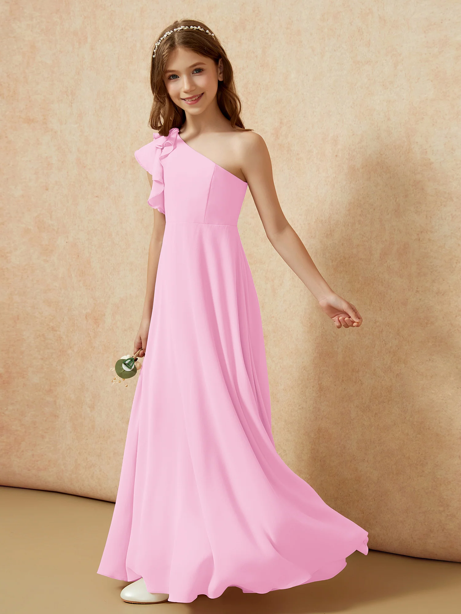 One Shoulder Flutter Sleeves Junior Bridesmaid Dresses Candy Pink - Image 3