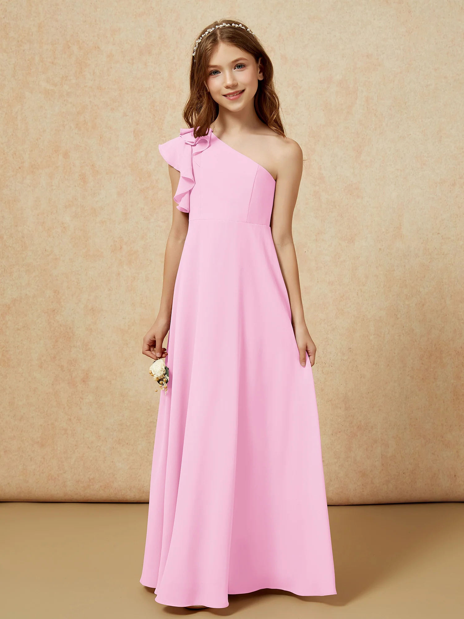 One Shoulder Flutter Sleeves Junior Bridesmaid Dresses Candy Pink - Image 4