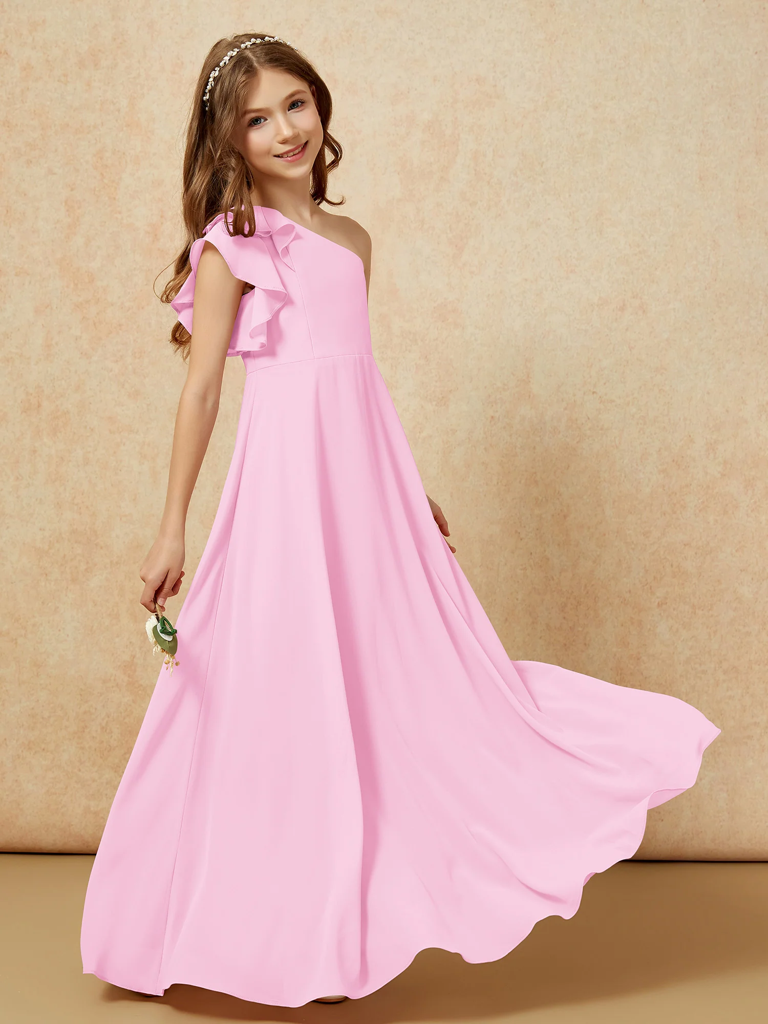 One Shoulder Flutter Sleeves Junior Bridesmaid Dresses Candy Pink - Image 6