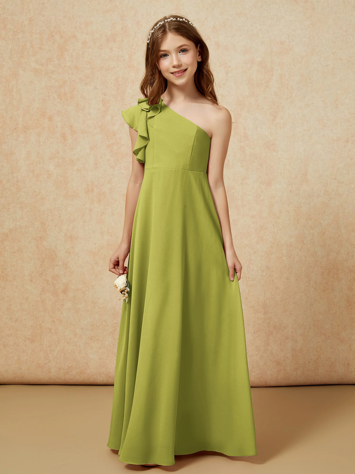 One Shoulder Flutter Sleeves Junior Bridesmaid Dresses Clover - Image 4