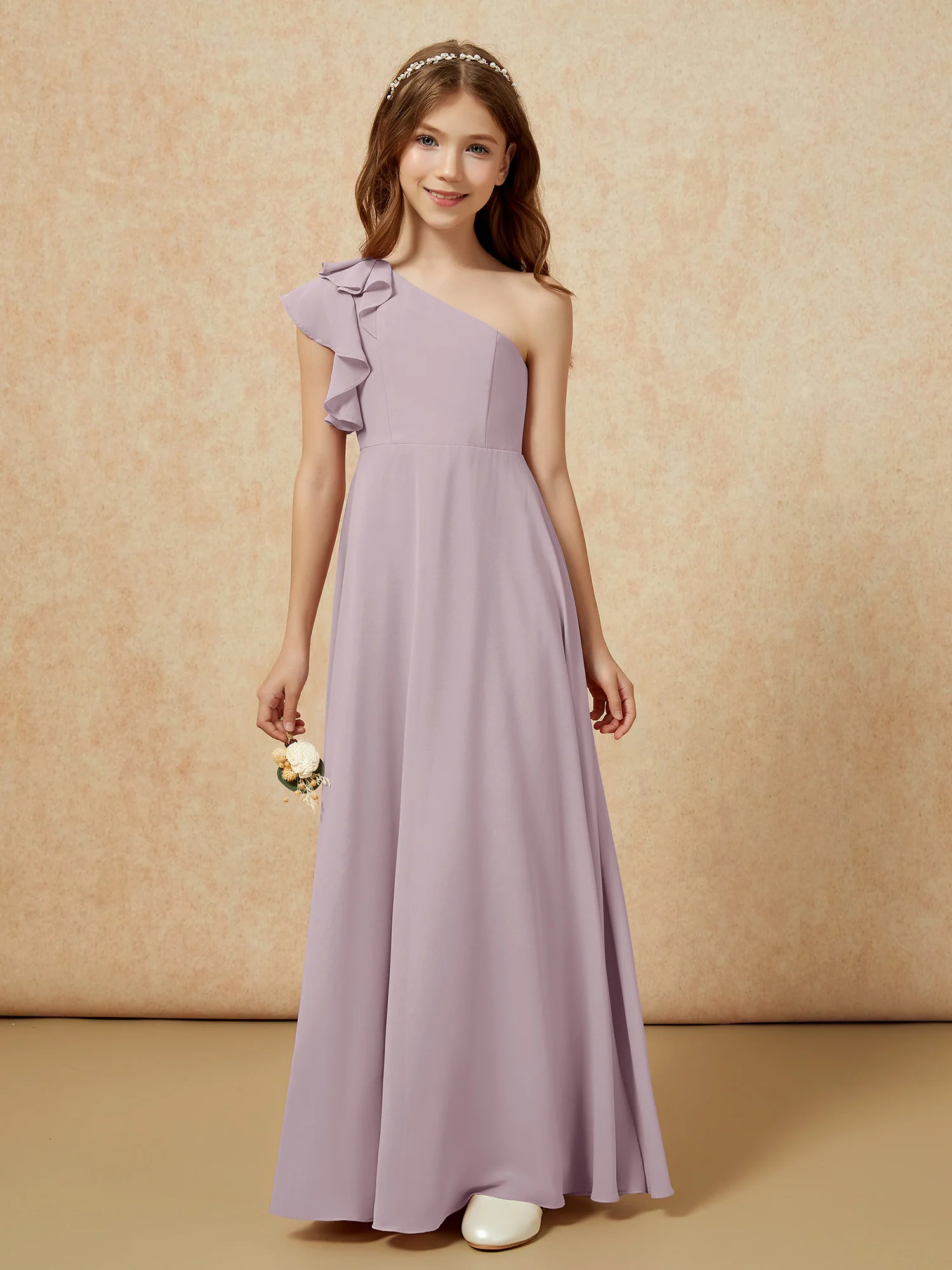One Shoulder Flutter Sleeves Junior Bridesmaid Dresses Dusk