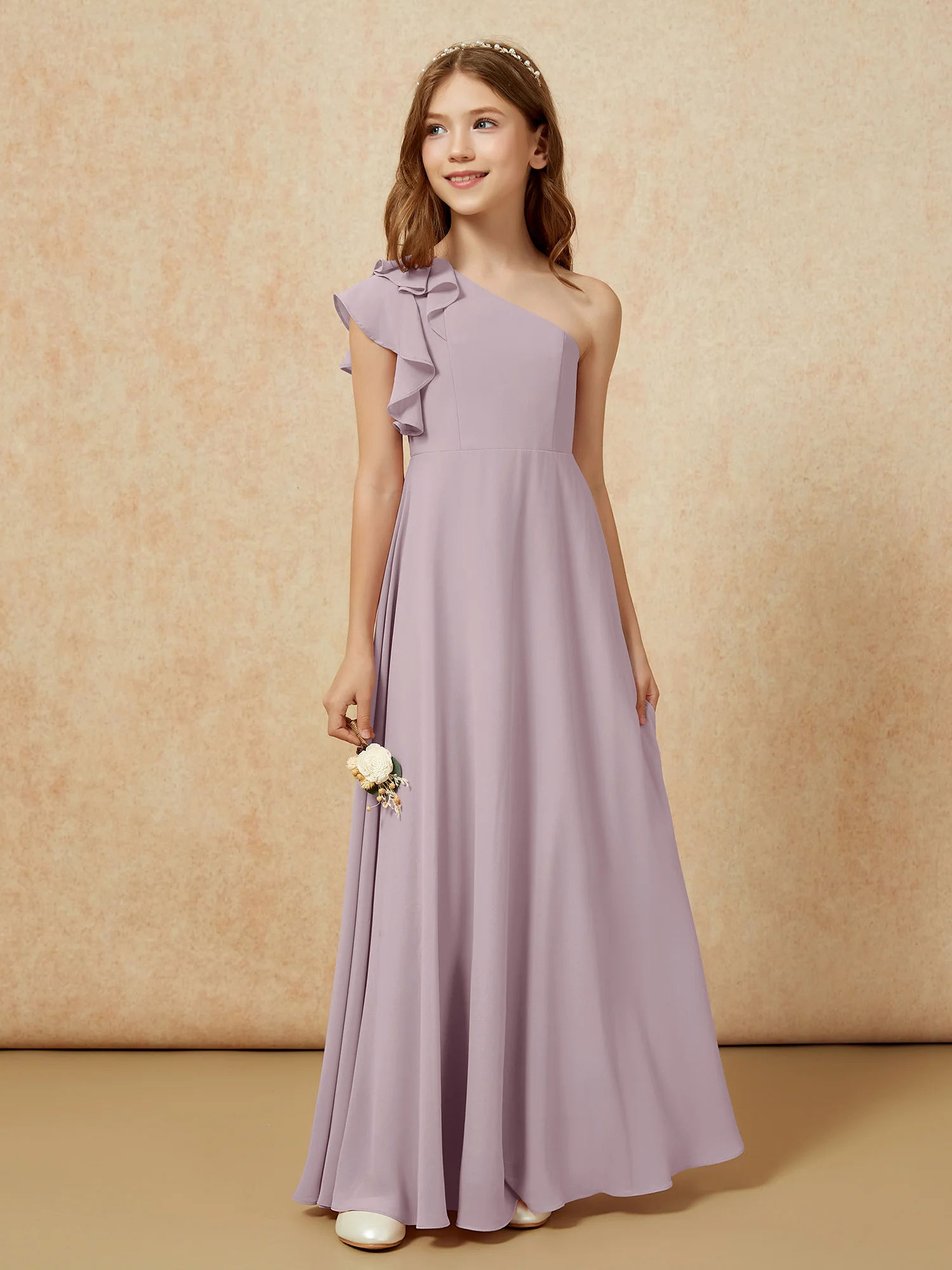 One Shoulder Flutter Sleeves Junior Bridesmaid Dresses Dusk - Image 5