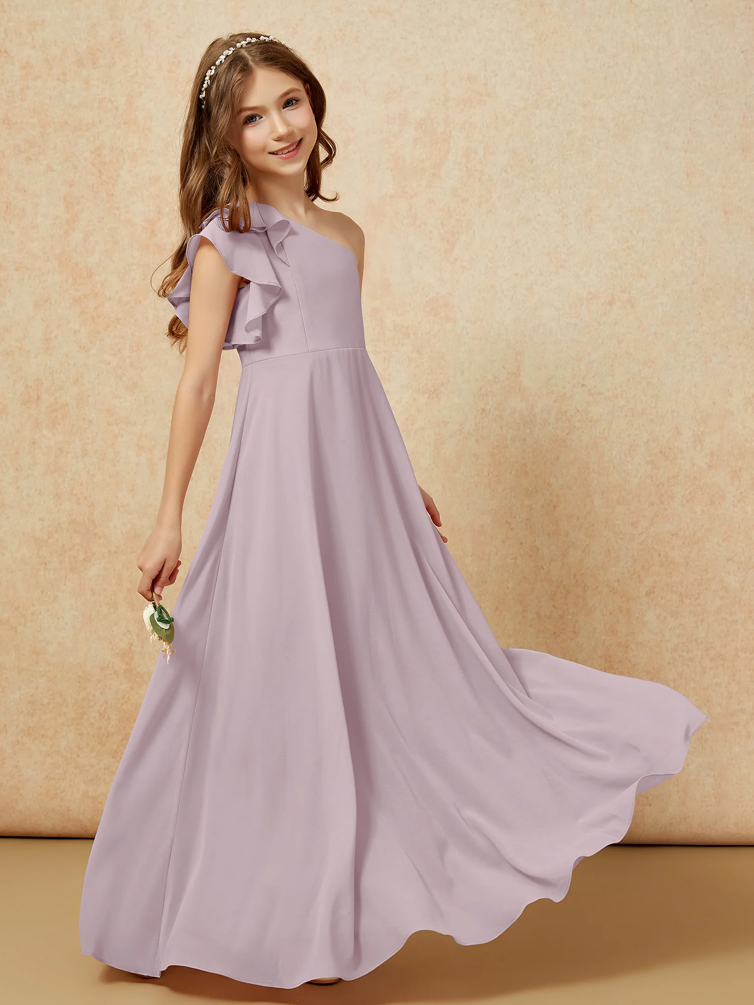 One Shoulder Flutter Sleeves Junior Bridesmaid Dresses Dusk - Image 6