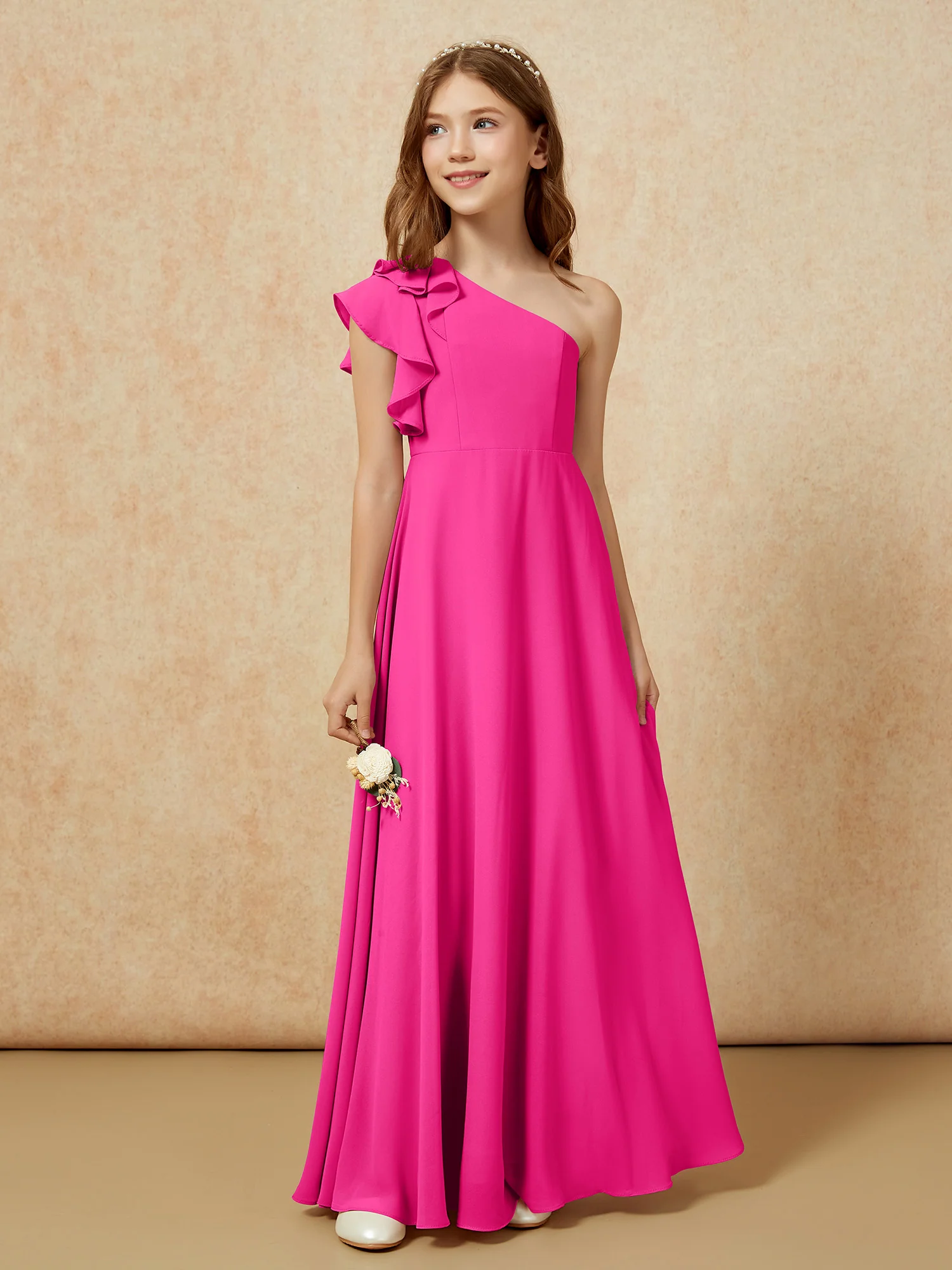 One Shoulder Flutter Sleeves Junior Bridesmaid Dresses Fuchsia - Image 5