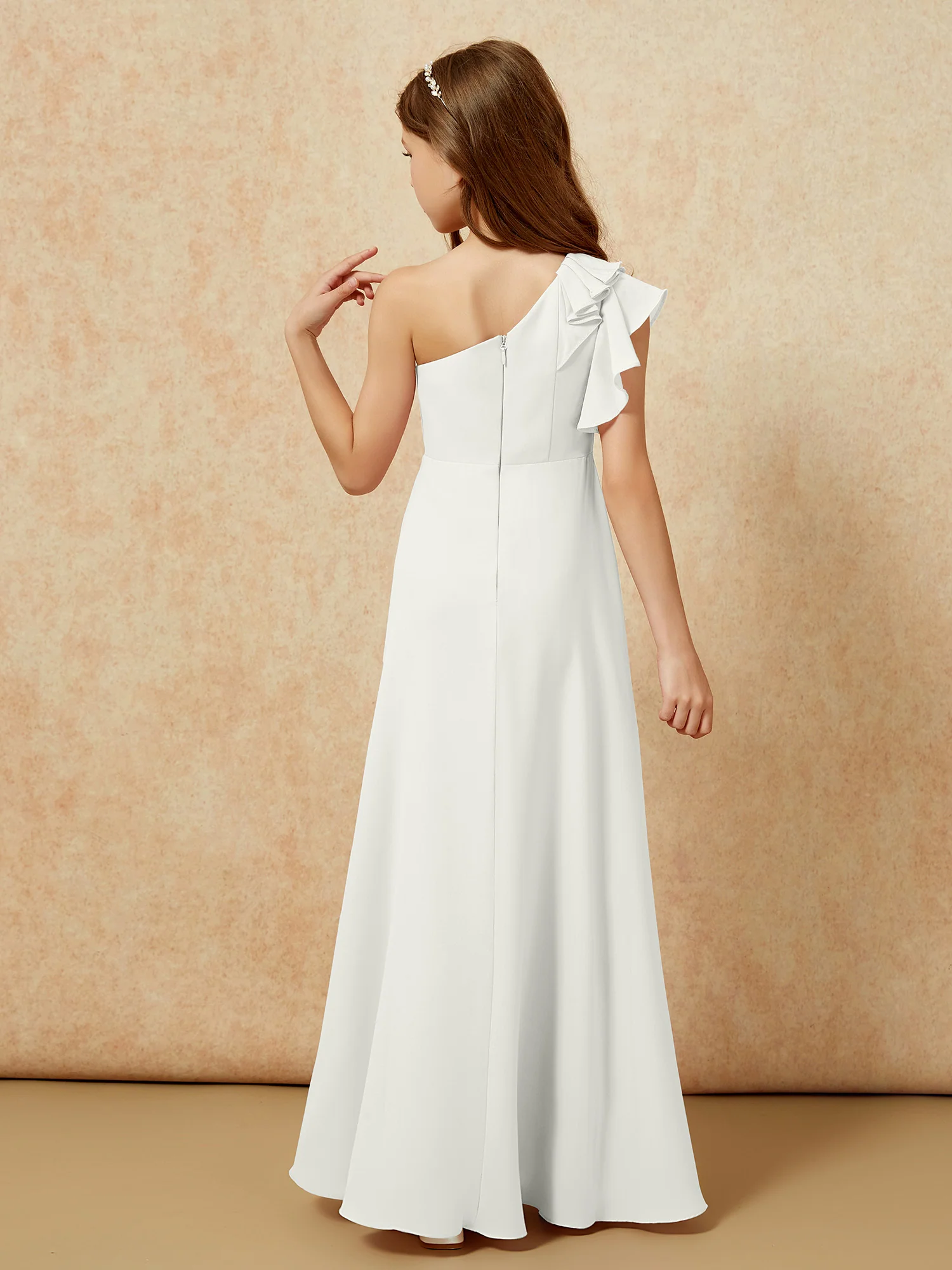 One Shoulder Flutter Sleeves Junior Bridesmaid Dresses Ivory - Image 2