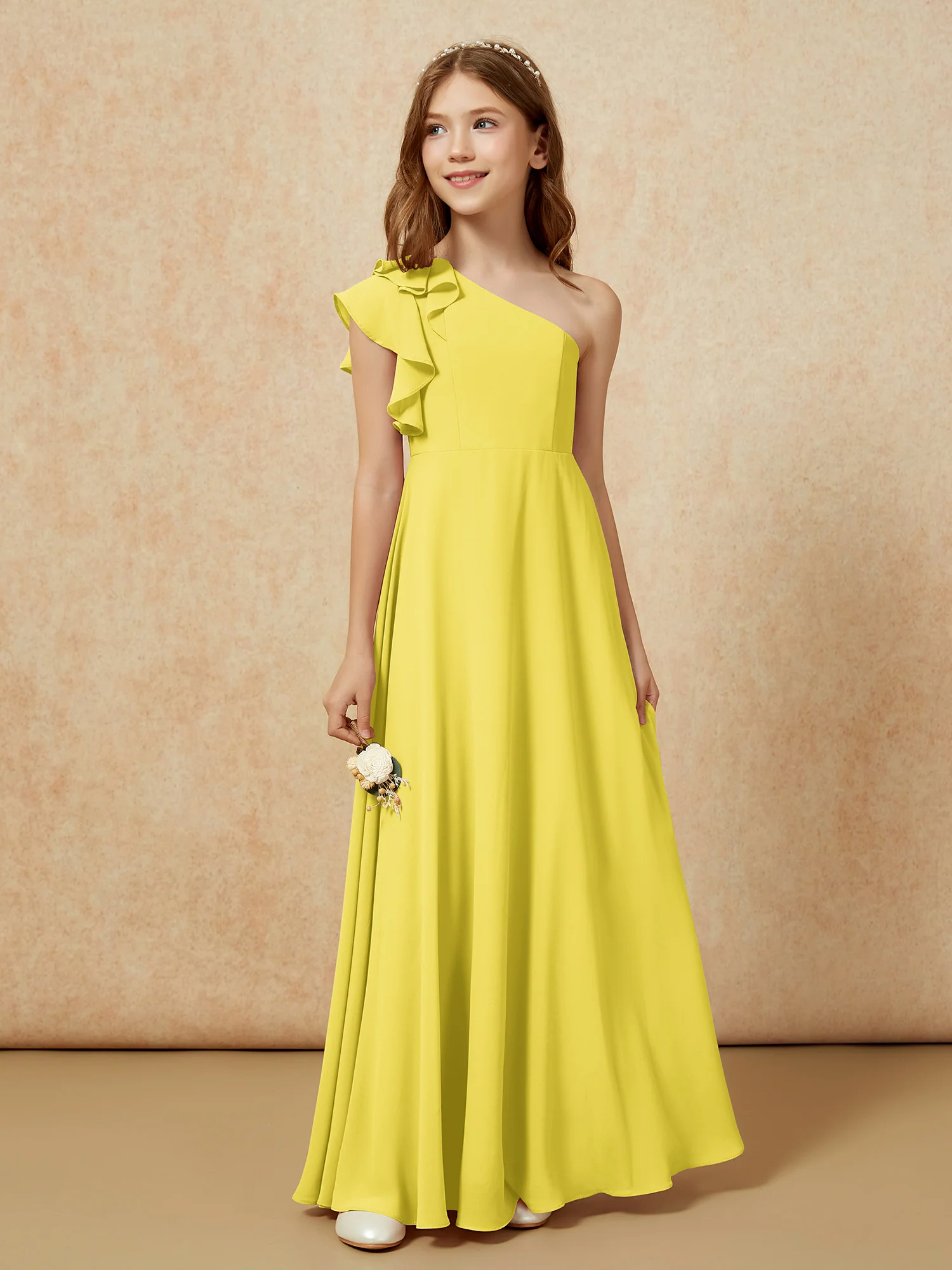 One Shoulder Flutter Sleeves Junior Bridesmaid Dresses Lemon - Image 5