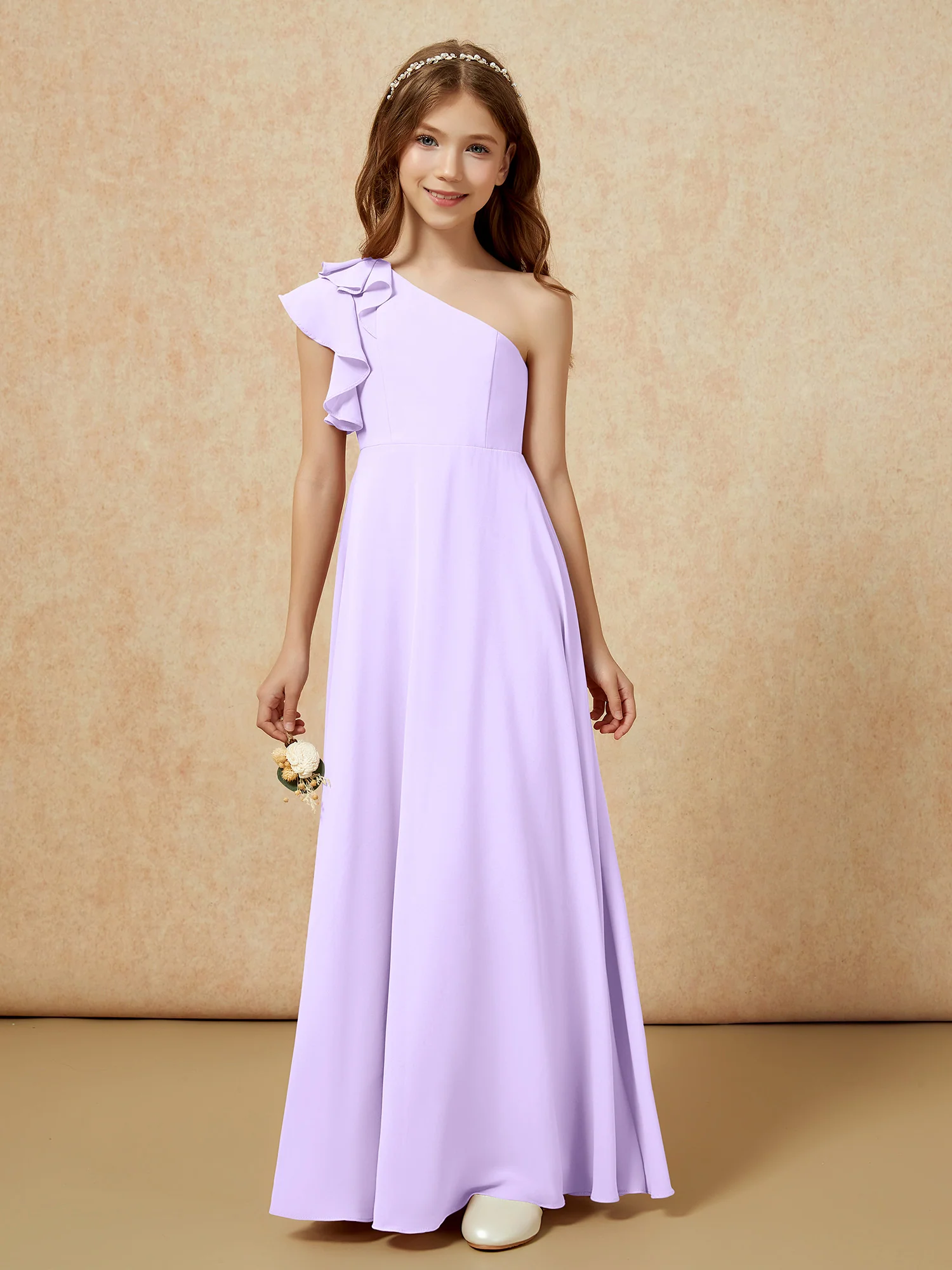 One Shoulder Flutter Sleeves Junior Bridesmaid Dresses Lilac