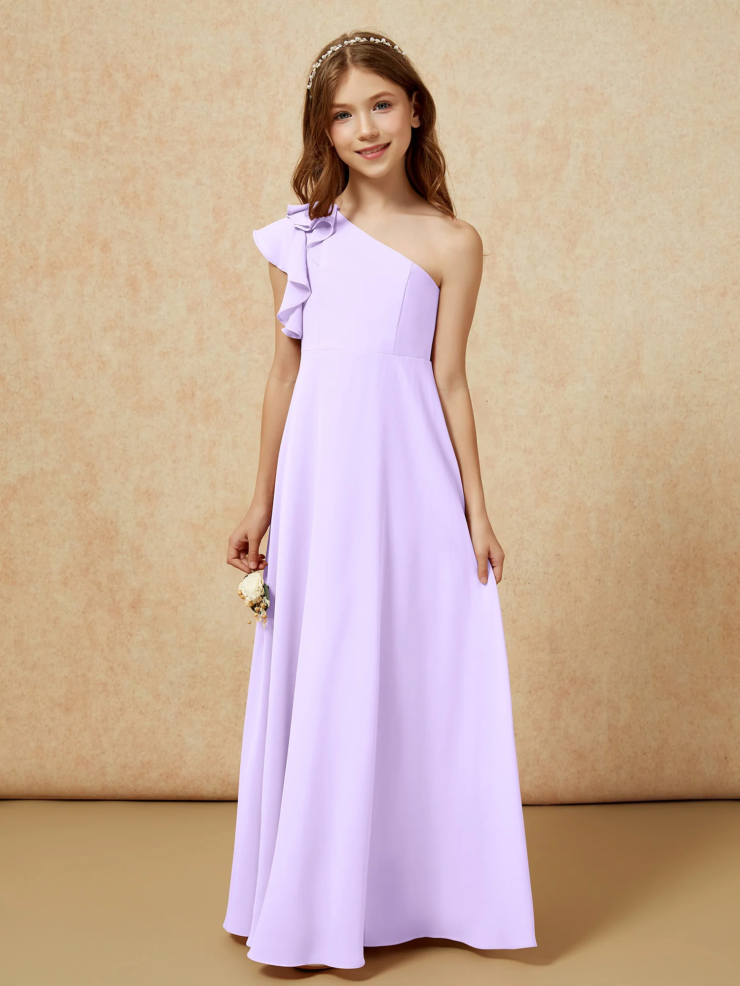 One Shoulder Flutter Sleeves Junior Bridesmaid Dresses Lilac - Image 4
