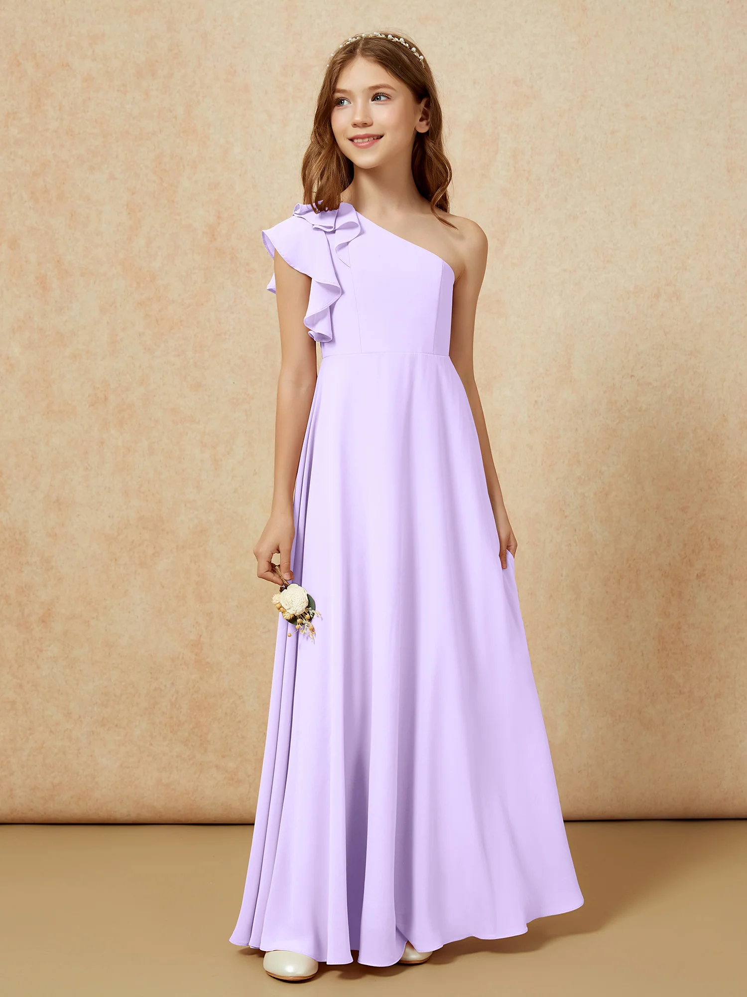 One Shoulder Flutter Sleeves Junior Bridesmaid Dresses Lilac - Image 5