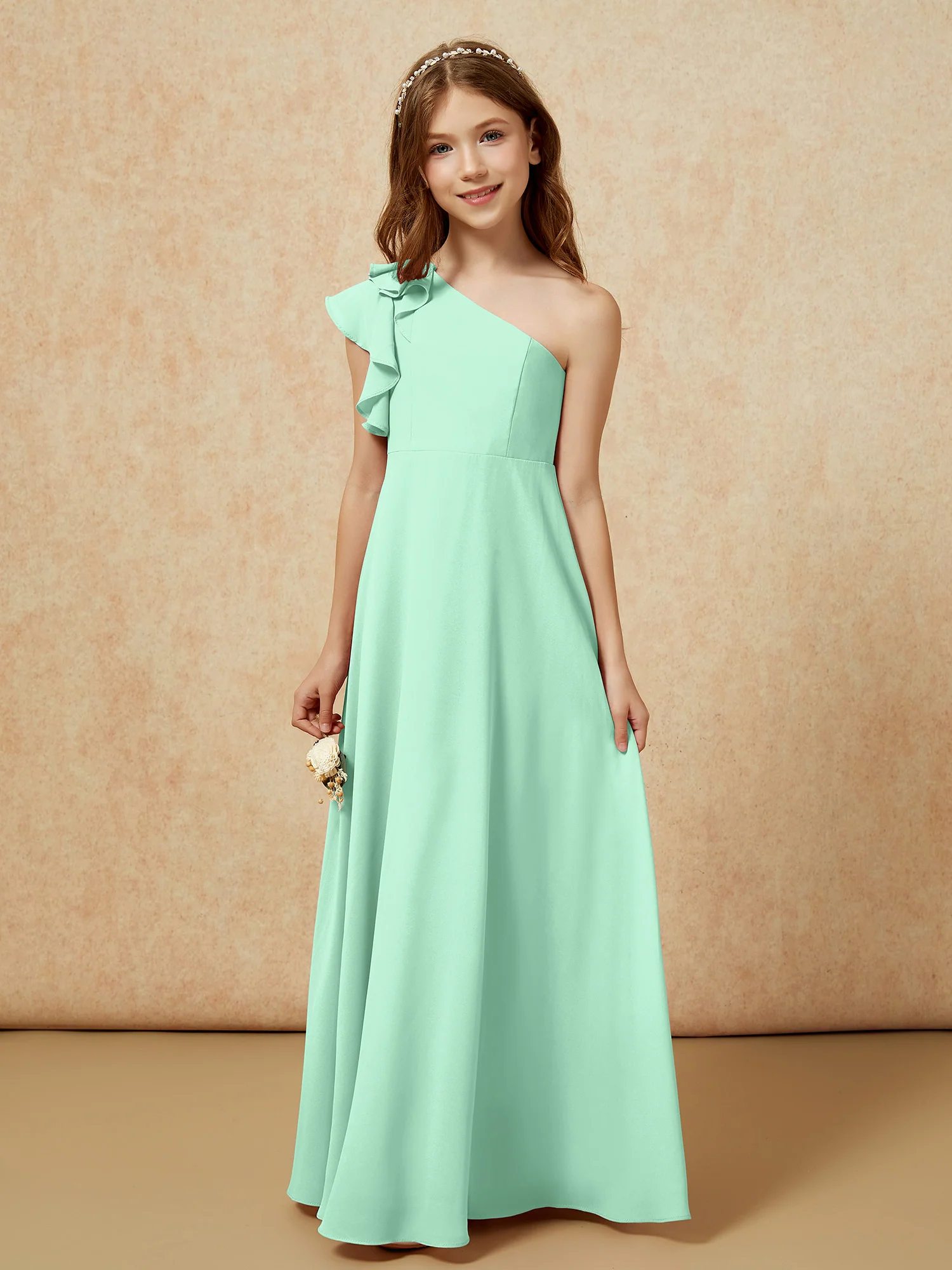 One Shoulder Flutter Sleeves Junior Bridesmaid Dresses Mint Green - Image 4