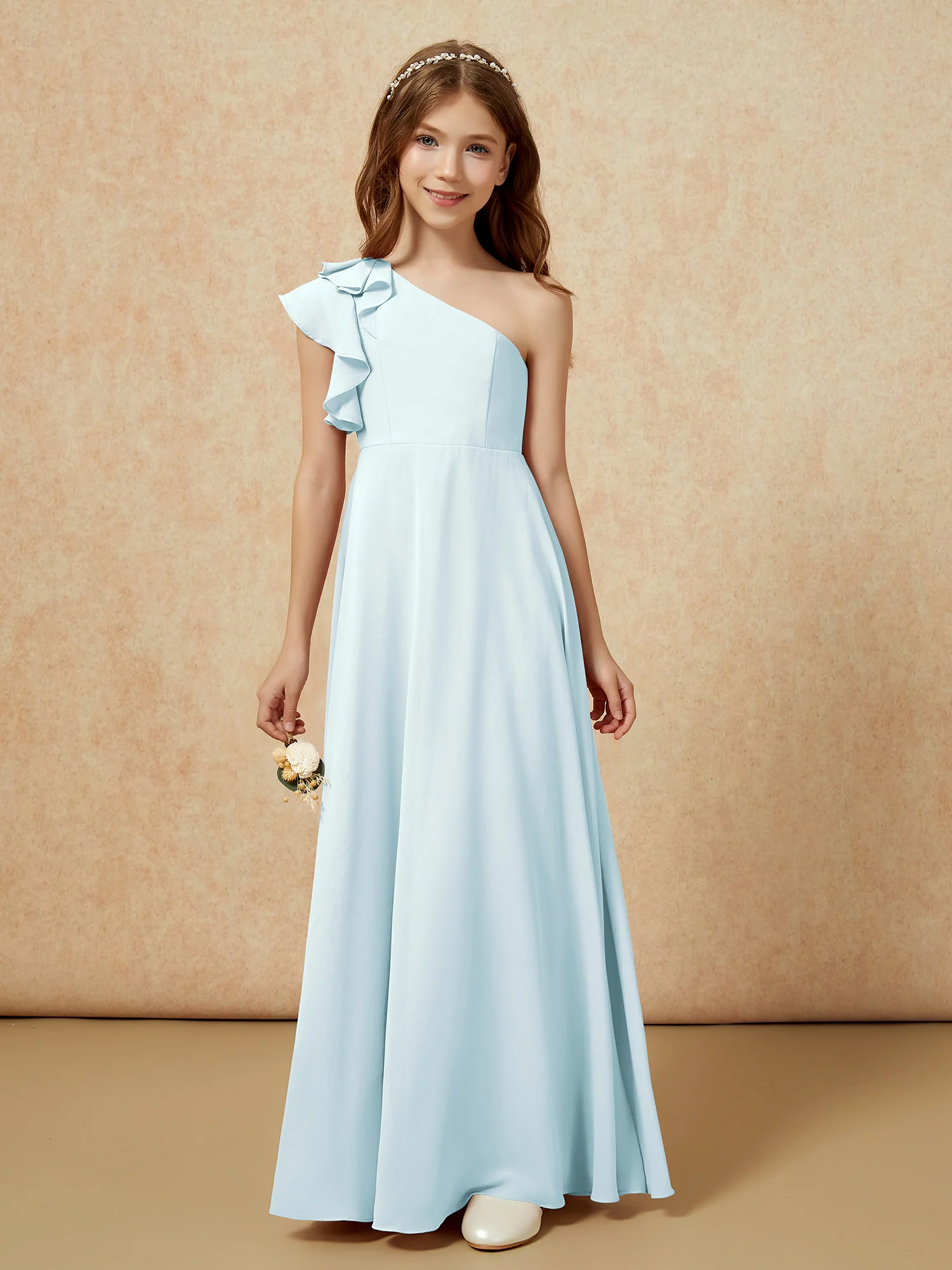 One Shoulder Flutter Sleeves Junior Bridesmaid Dresses Mist