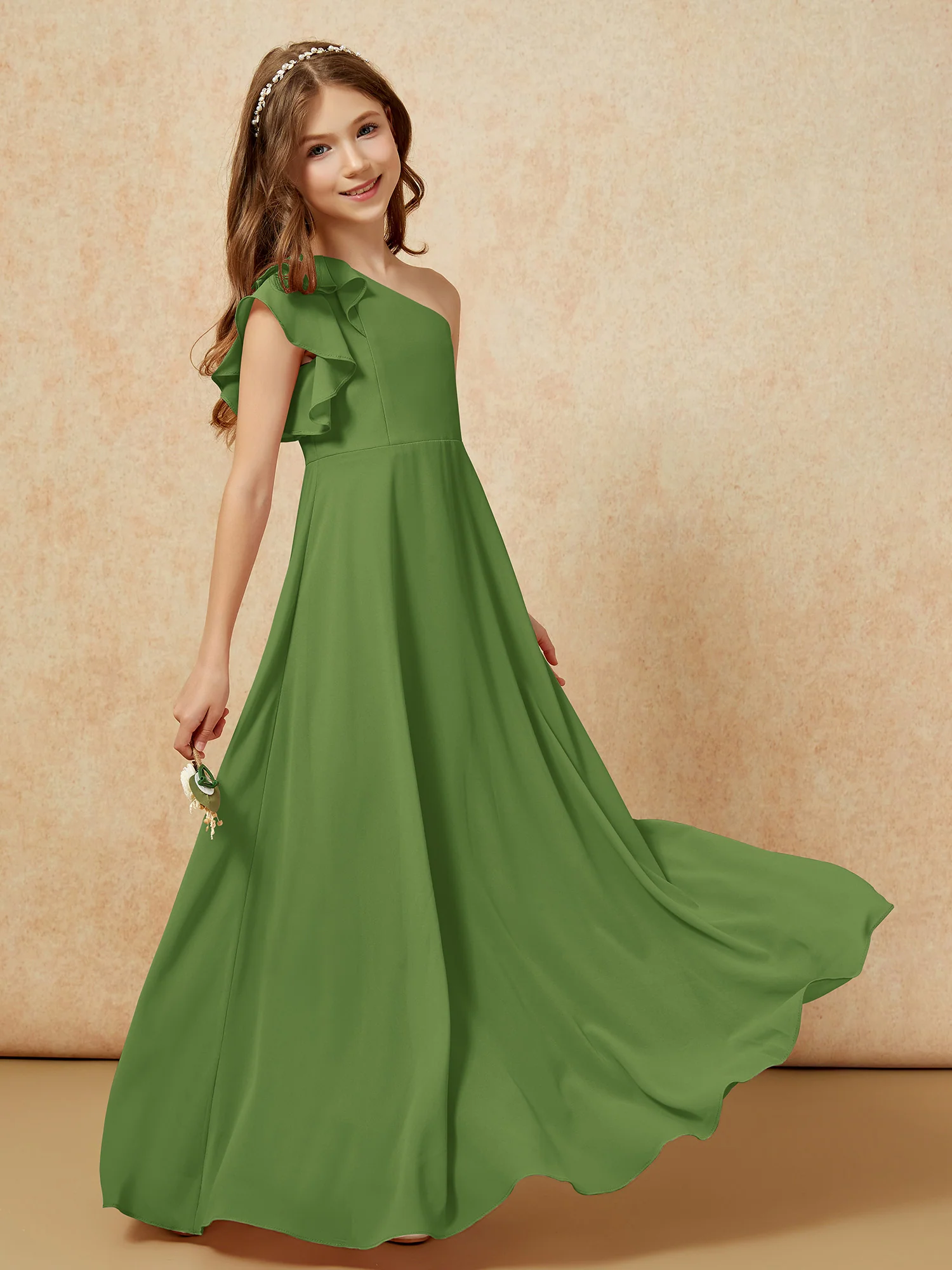One Shoulder Flutter Sleeves Junior Bridesmaid Dresses Moss - Image 6