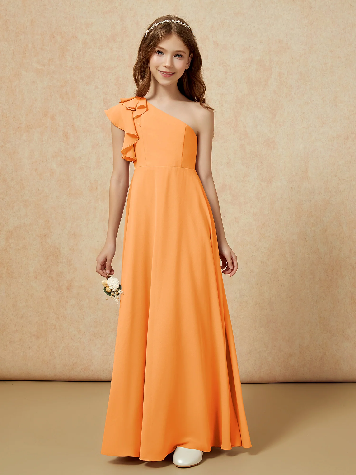 One Shoulder Flutter Sleeves Junior Bridesmaid Dresses Orange
