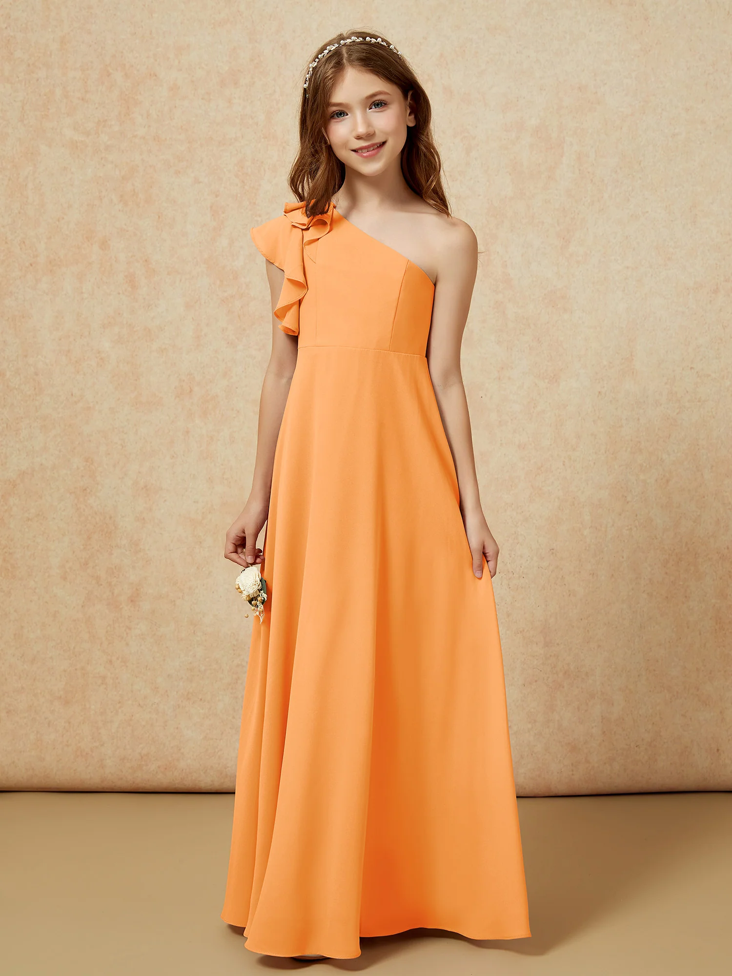 One Shoulder Flutter Sleeves Junior Bridesmaid Dresses Orange - Image 4