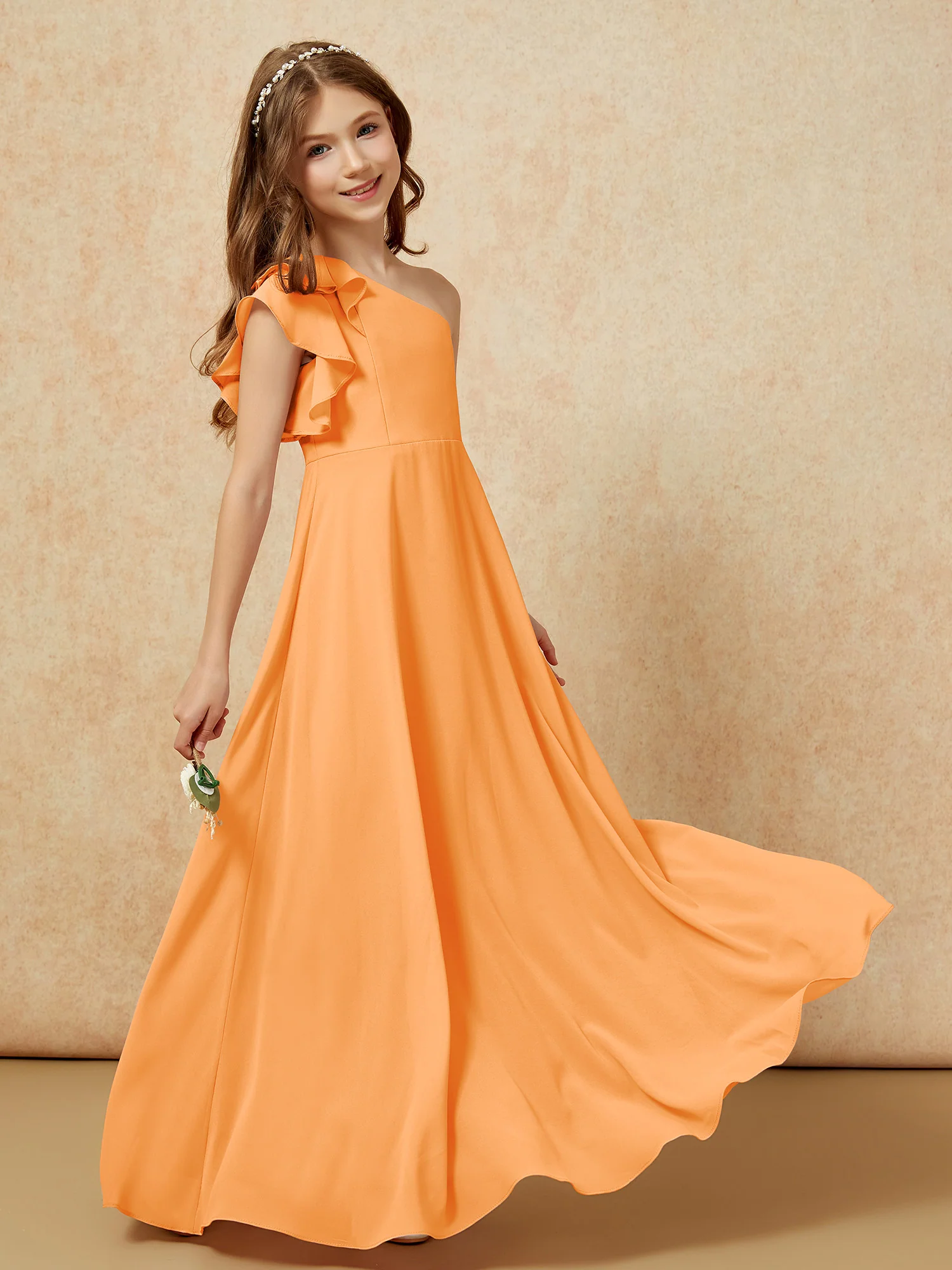 One Shoulder Flutter Sleeves Junior Bridesmaid Dresses Orange - Image 6