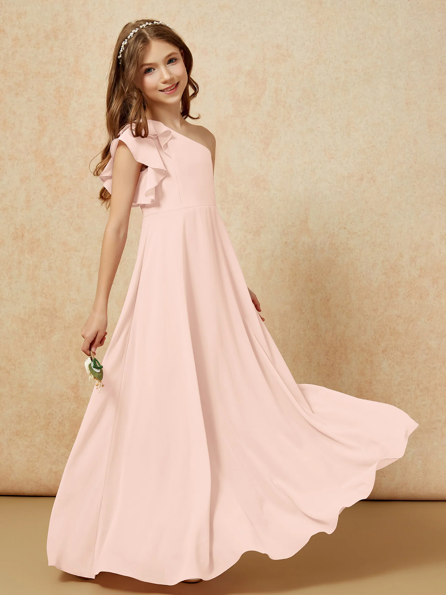 One Shoulder Flutter Sleeves Junior Bridesmaid Dresses Pearl Pink - Image 6