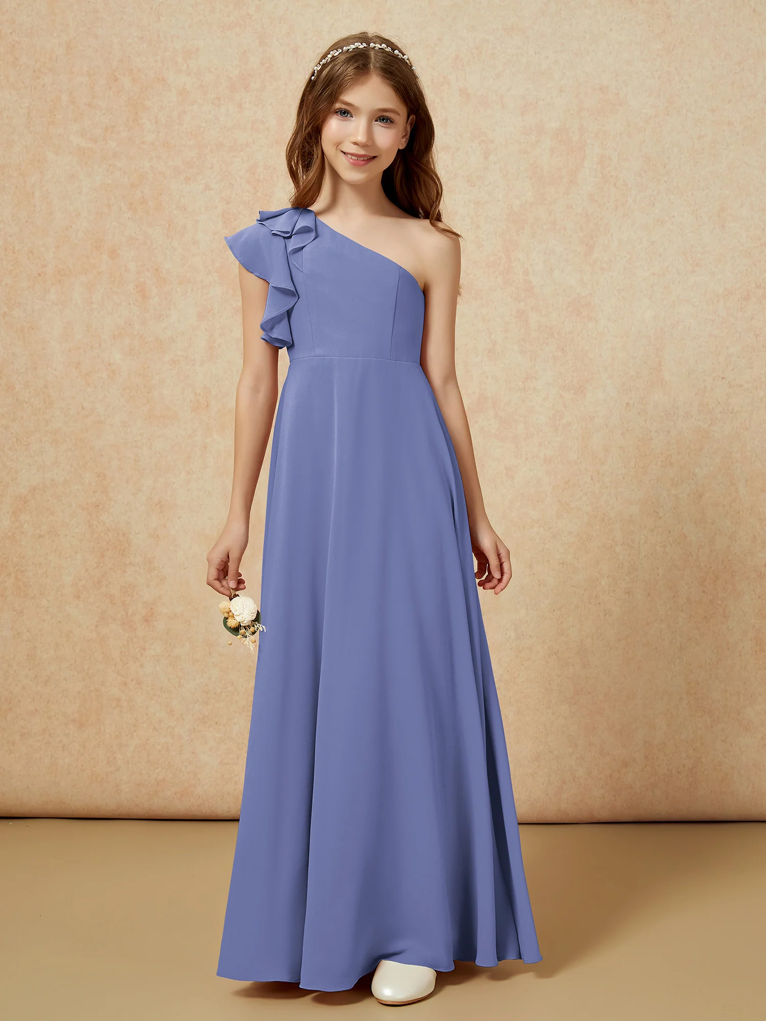 One Shoulder Flutter Sleeves Junior Bridesmaid Dresses Periwinkle