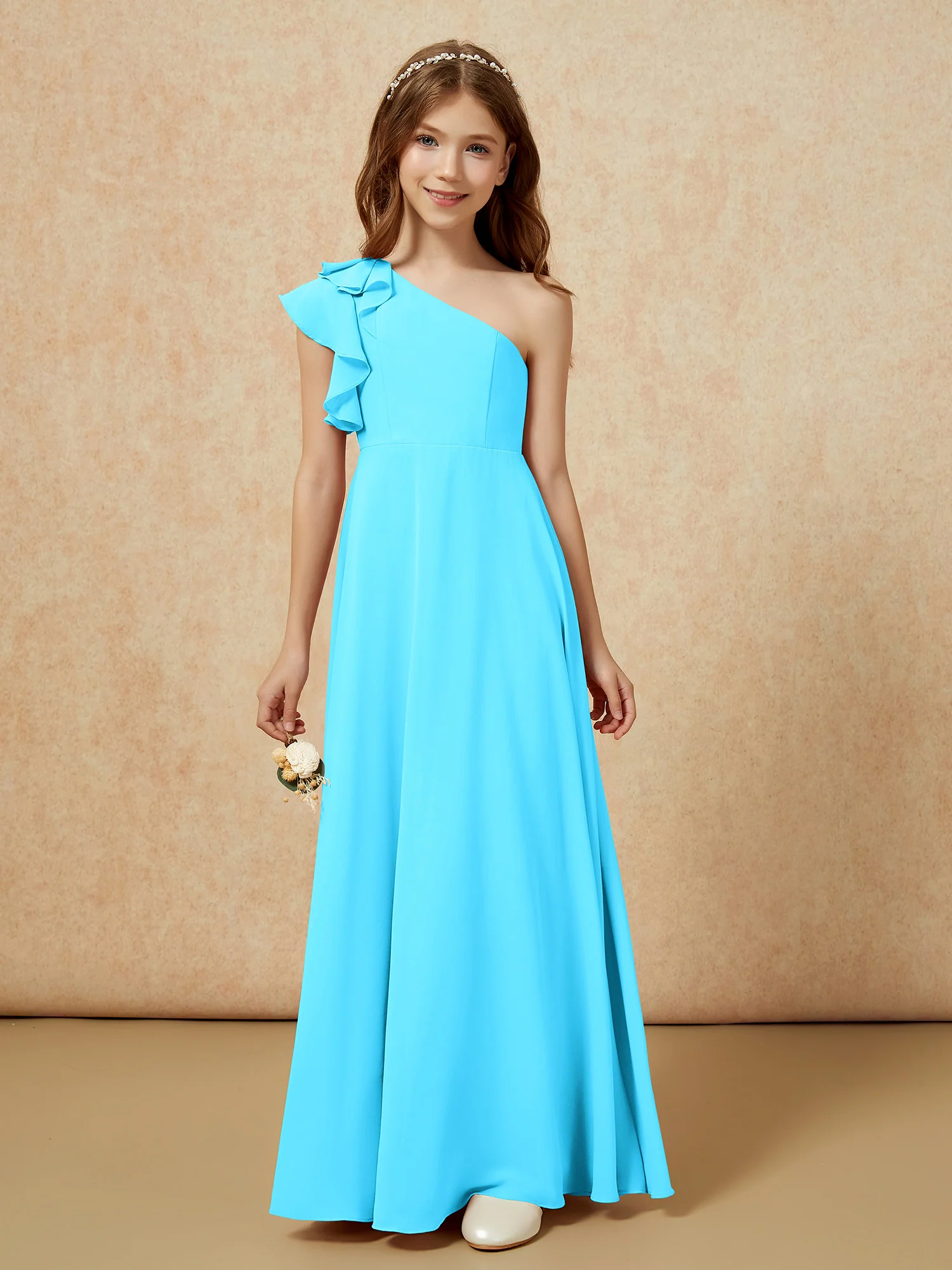 One Shoulder Flutter Sleeves Junior Bridesmaid Dresses Pool