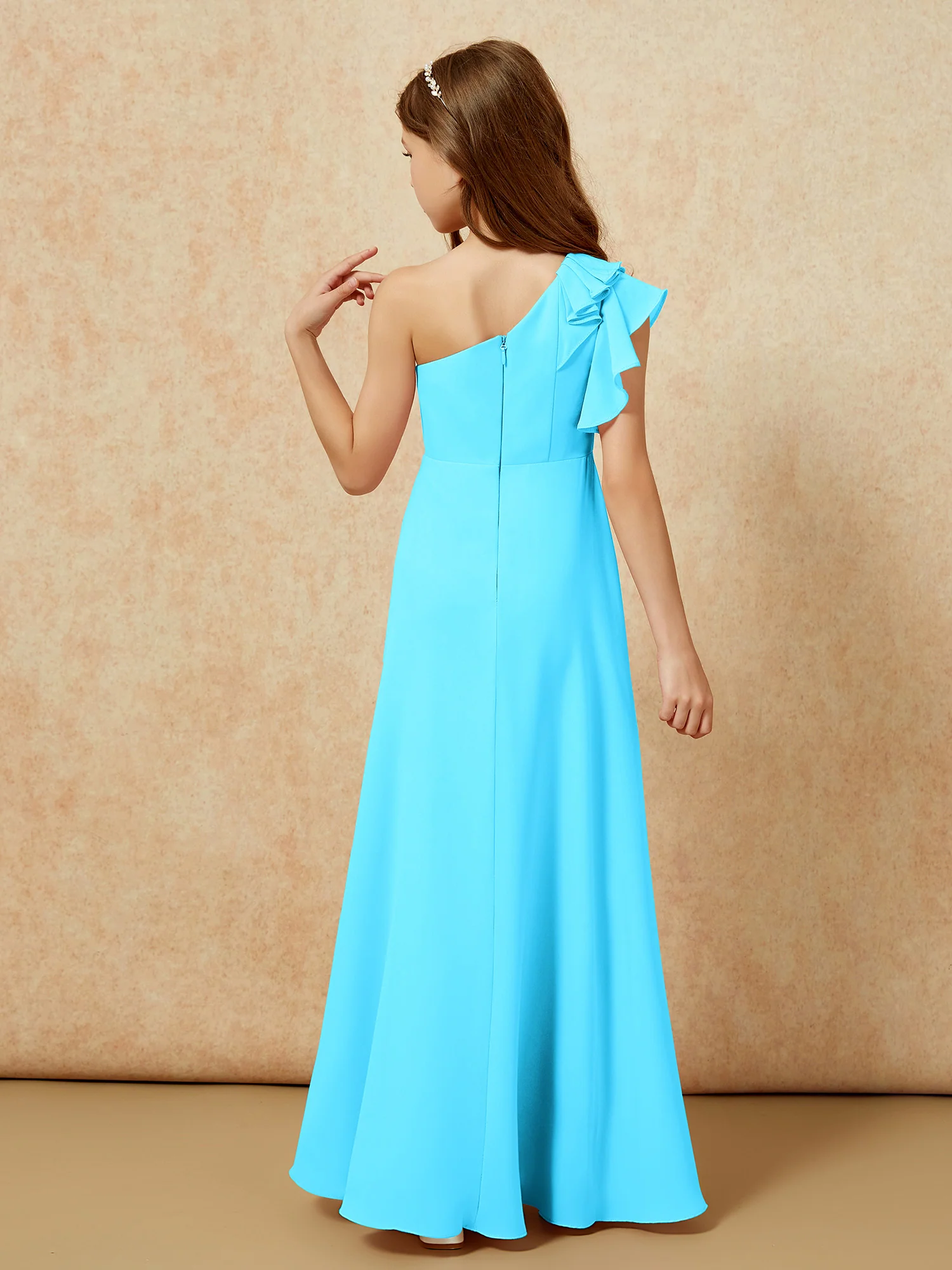 One Shoulder Flutter Sleeves Junior Bridesmaid Dresses Pool - Image 2