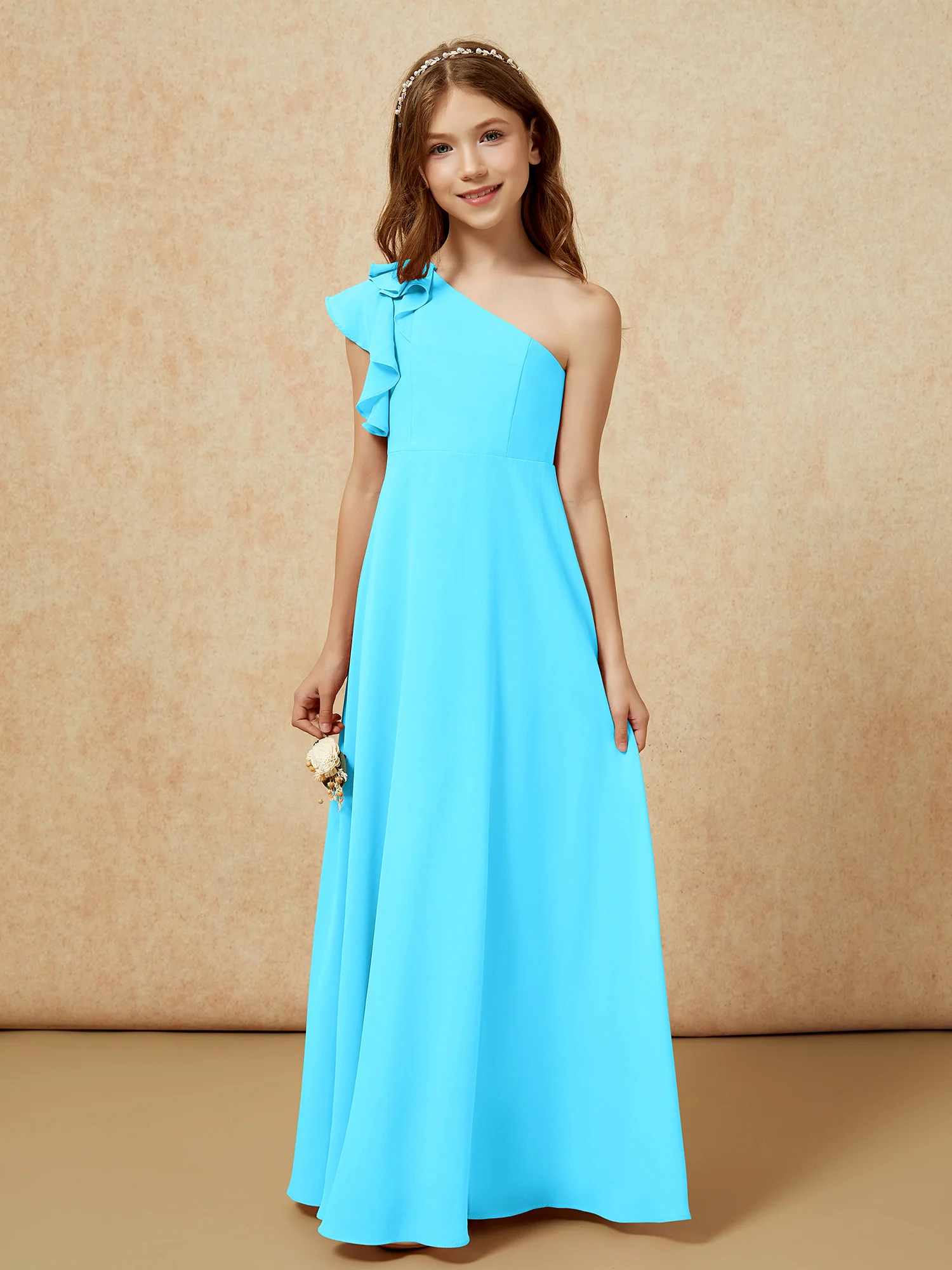 One Shoulder Flutter Sleeves Junior Bridesmaid Dresses Pool - Image 4