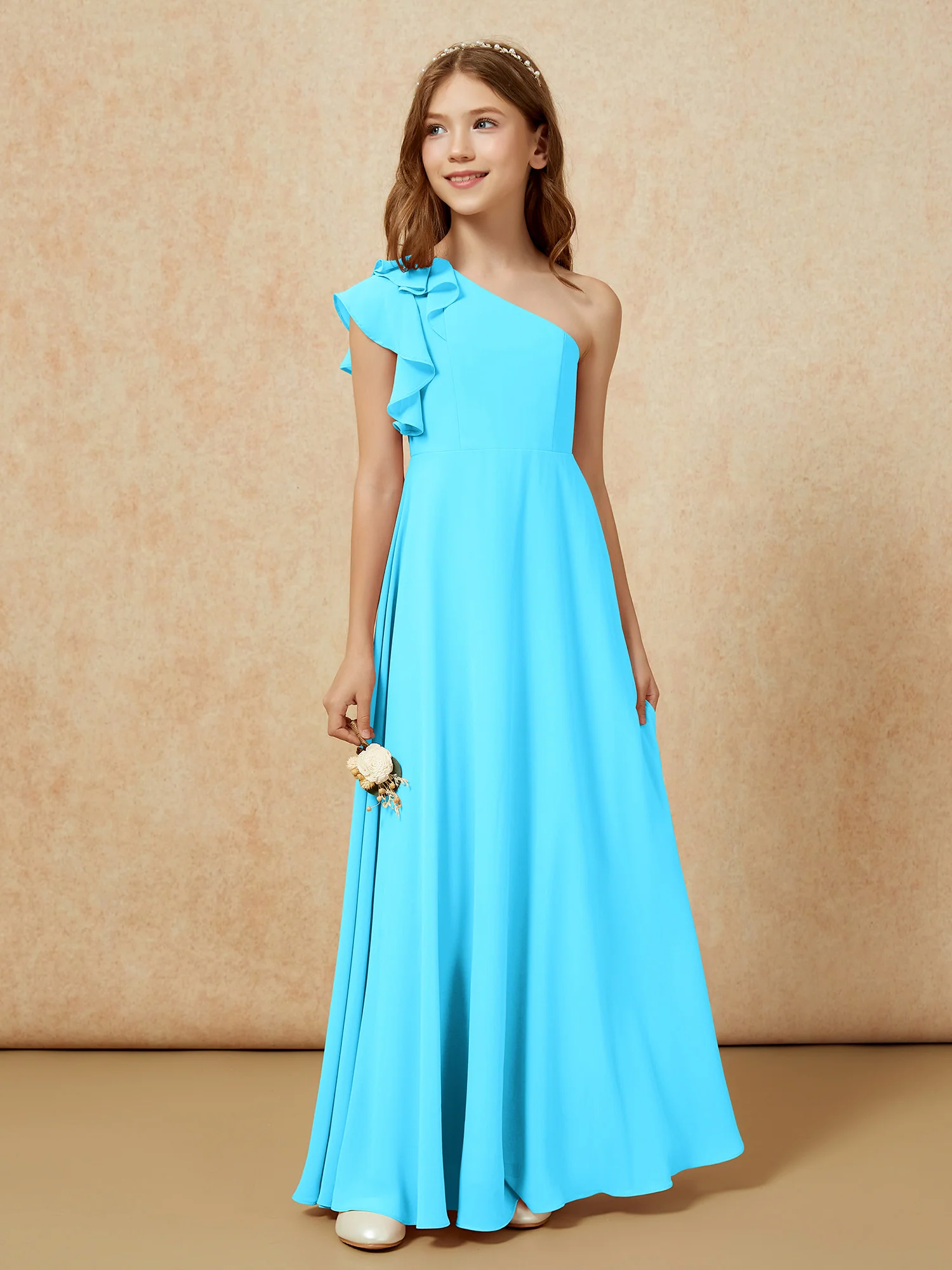 One Shoulder Flutter Sleeves Junior Bridesmaid Dresses Pool - Image 5