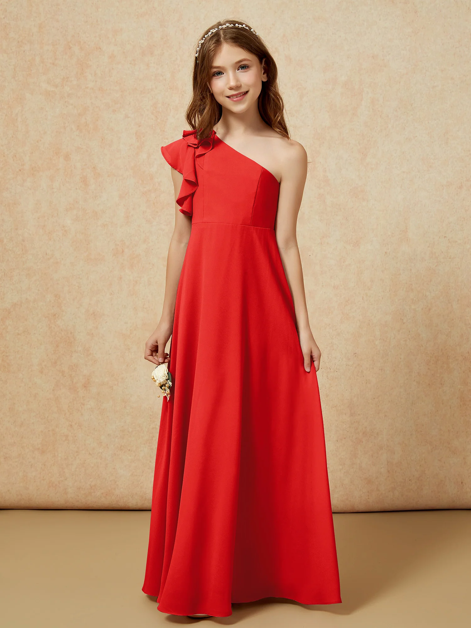 One Shoulder Flutter Sleeves Junior Bridesmaid Dresses Red - Image 4