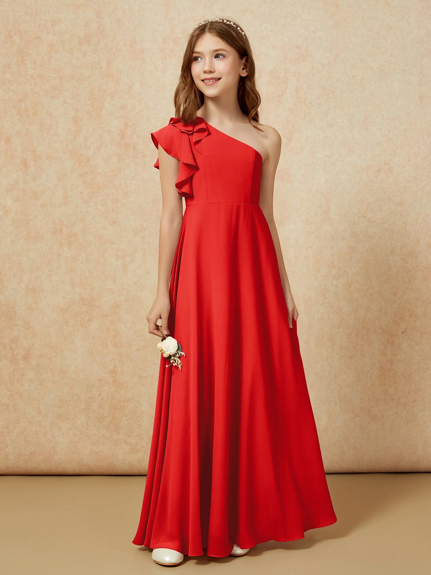 One Shoulder Flutter Sleeves Junior Bridesmaid Dresses Red - Image 5