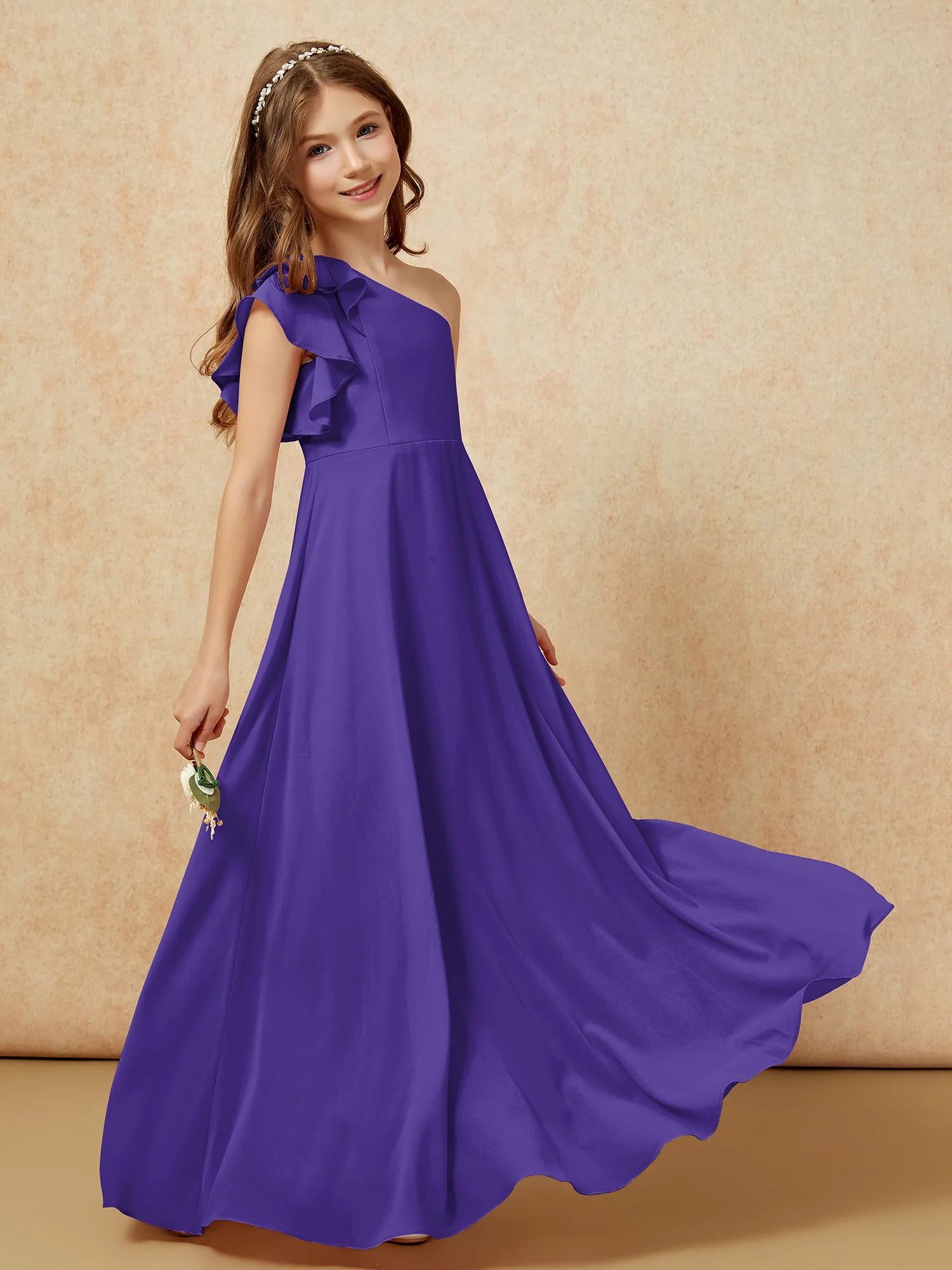 One Shoulder Flutter Sleeves Junior Bridesmaid Dresses Regency - Image 6