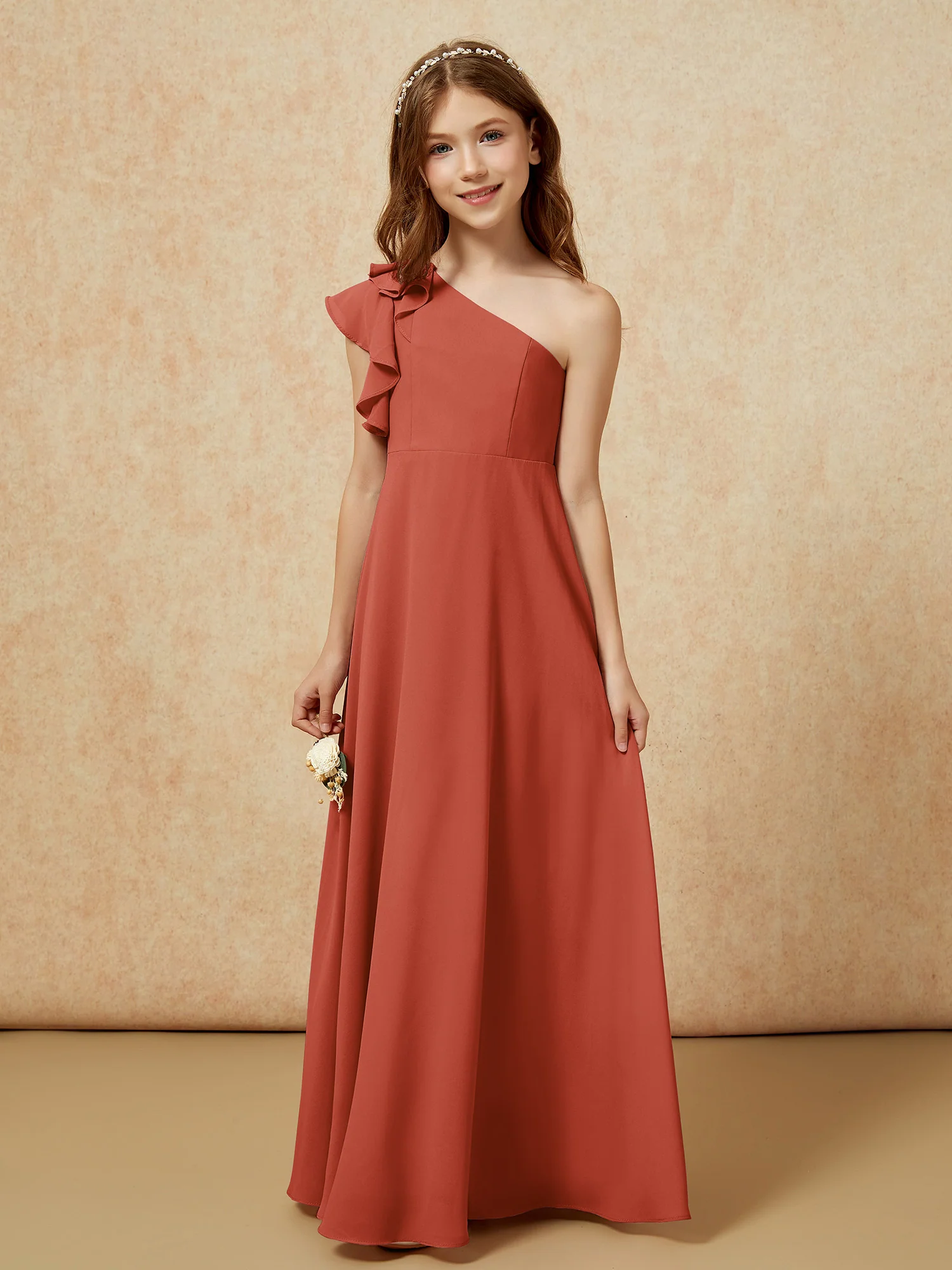 One Shoulder Flutter Sleeves Junior Bridesmaid Dresses Rust - Image 4