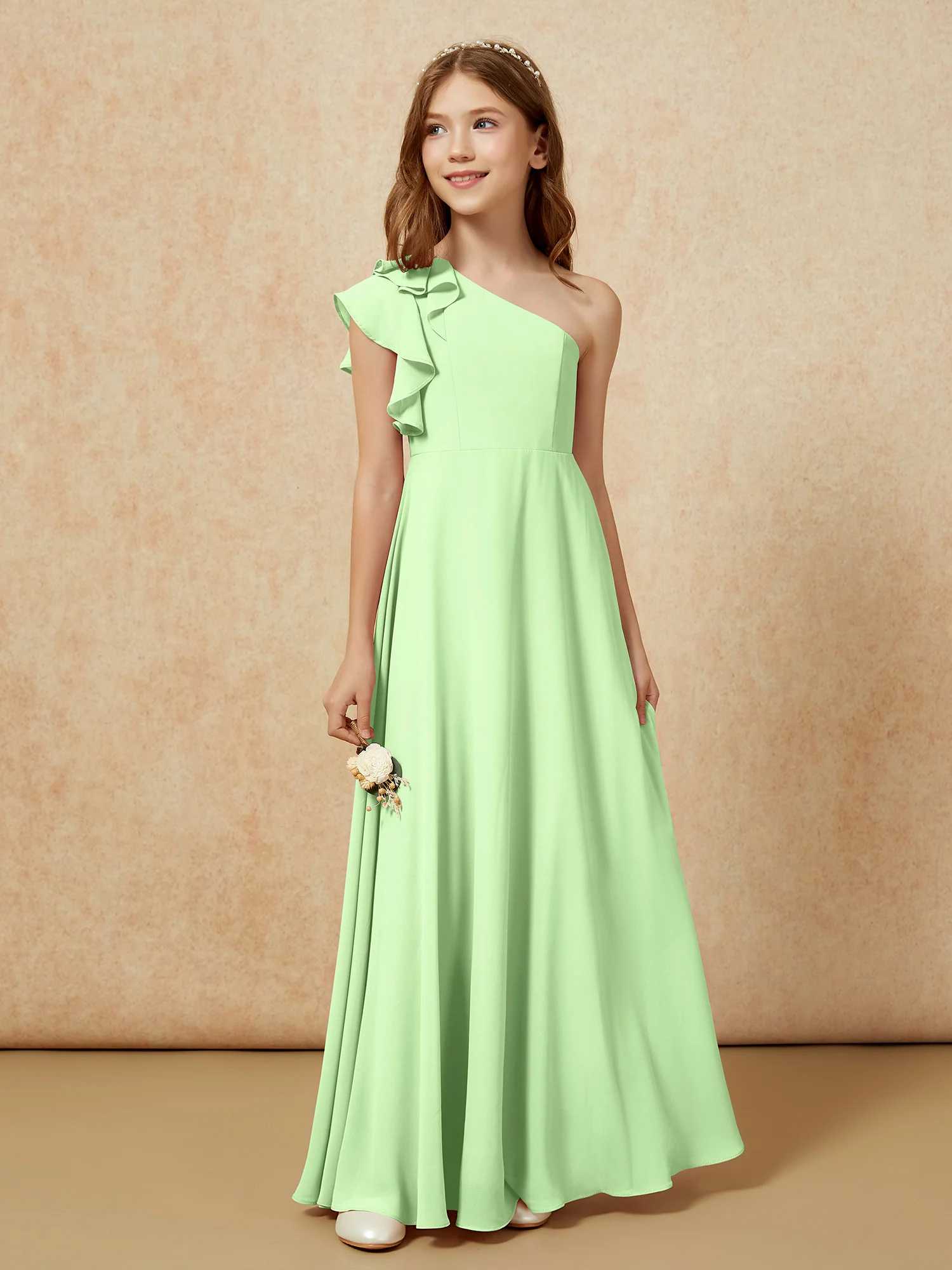 One Shoulder Flutter Sleeves Junior Bridesmaid Dresses Sage - Image 5