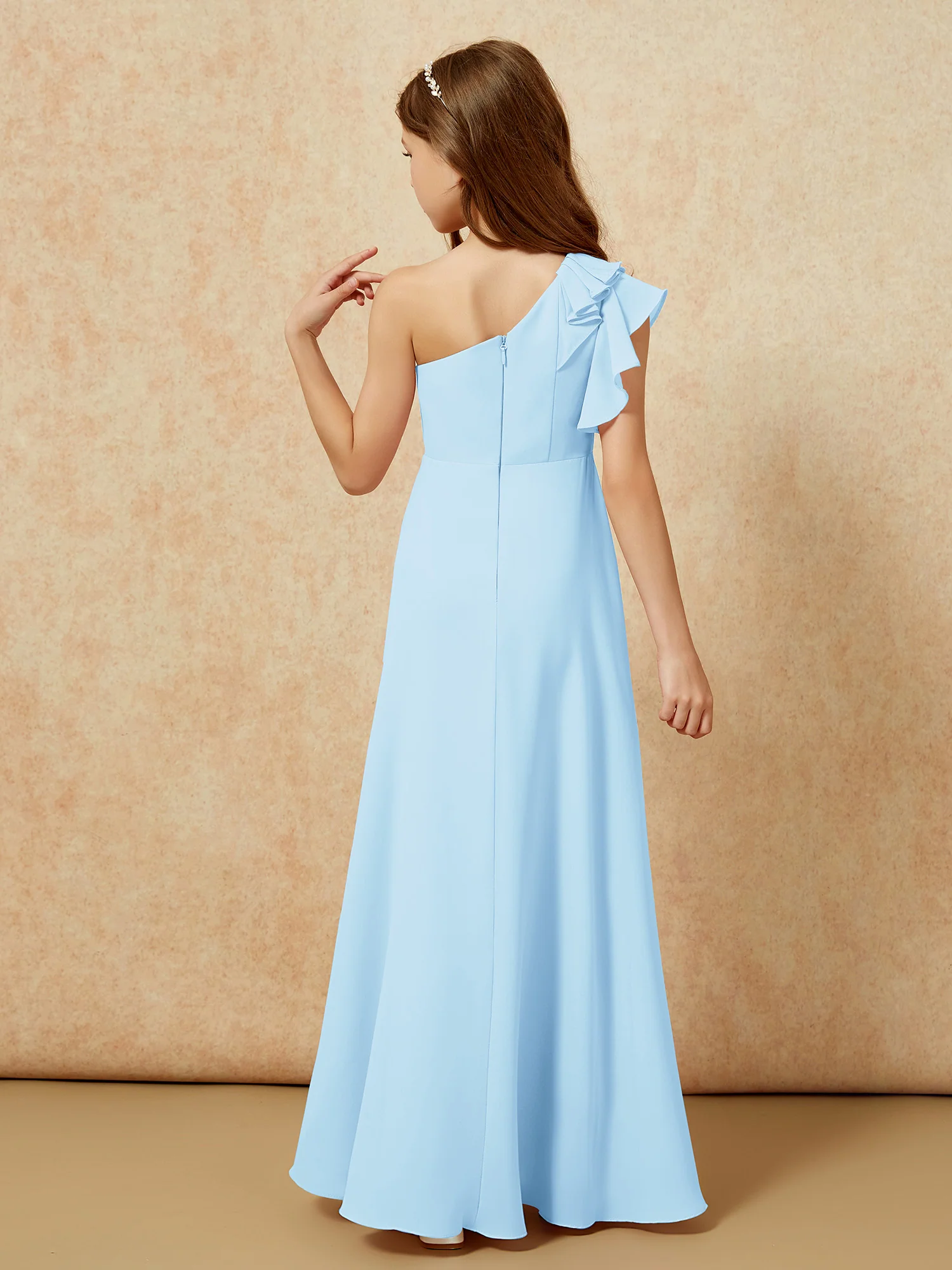 One Shoulder Flutter Sleeves Junior Bridesmaid Dresses Sky Blue - Image 2