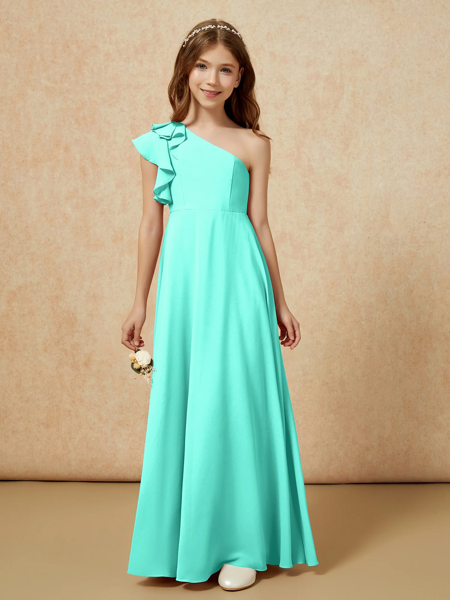 One Shoulder Flutter Sleeves Junior Bridesmaid Dresses Spa